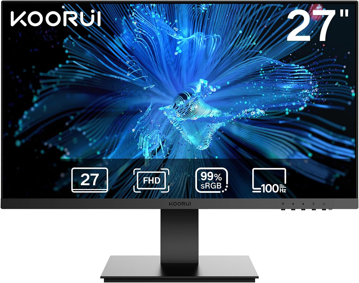 KOORUI 27 Inch FHD Monitor, Computer Monitor built-in speaker (1080P, 100HZ, HDMI+VGA, 99% SRGB, 4ms Response, Eye Care) Ultra-Thin Monitor, VESA Compatible.