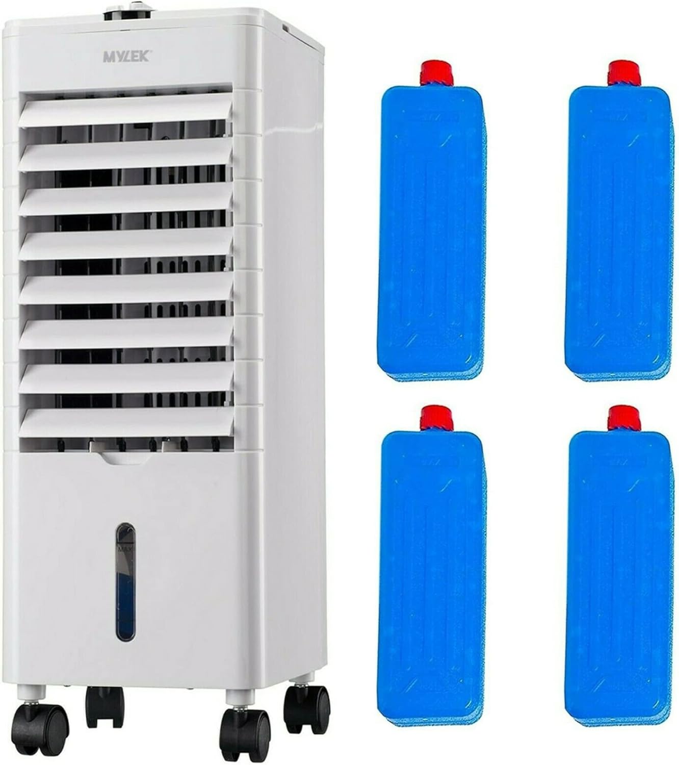 MYLEK Portable Air Cooler Evaporative Mobile 4L With Remote Control, LCD, Timer, Air Purifier Ioniser, 3 Speeds, 3 Wind Settings, Oscillation, Cooling & Humidifier Function.