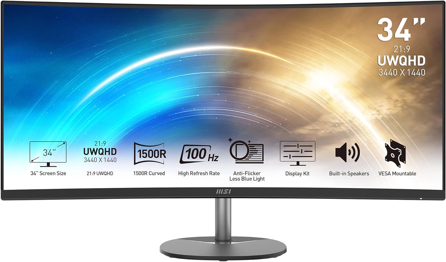 MSI PRO MP341CQ 34" Curved Monitor, 1500R, UWQHD (3440 x 1440), 21:9, 100Hz, VA, 4ms, HDMI, VGA, Built-in Speakers, Anti-Glare, Anti-Flicker, Less Blue light, TÜV Certified, VESA, Kensington.