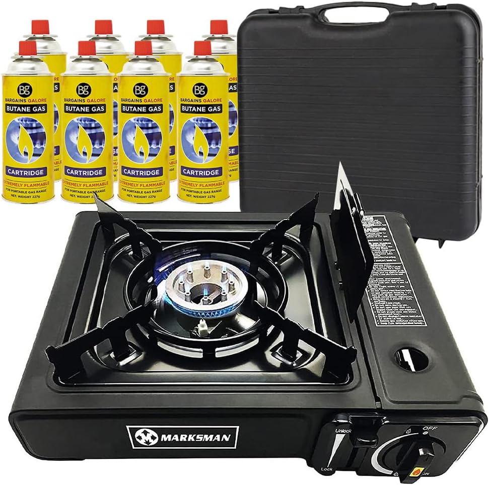 Portable Gas Cooker Stove + 8 Butane Gas Bottles Canisters - For Outdoor Camping, Fishing, Caravan & BBQ | Premium Burner, Automatic Ignition & Heater Control, EN417 Compliant - Black Grill With Case.