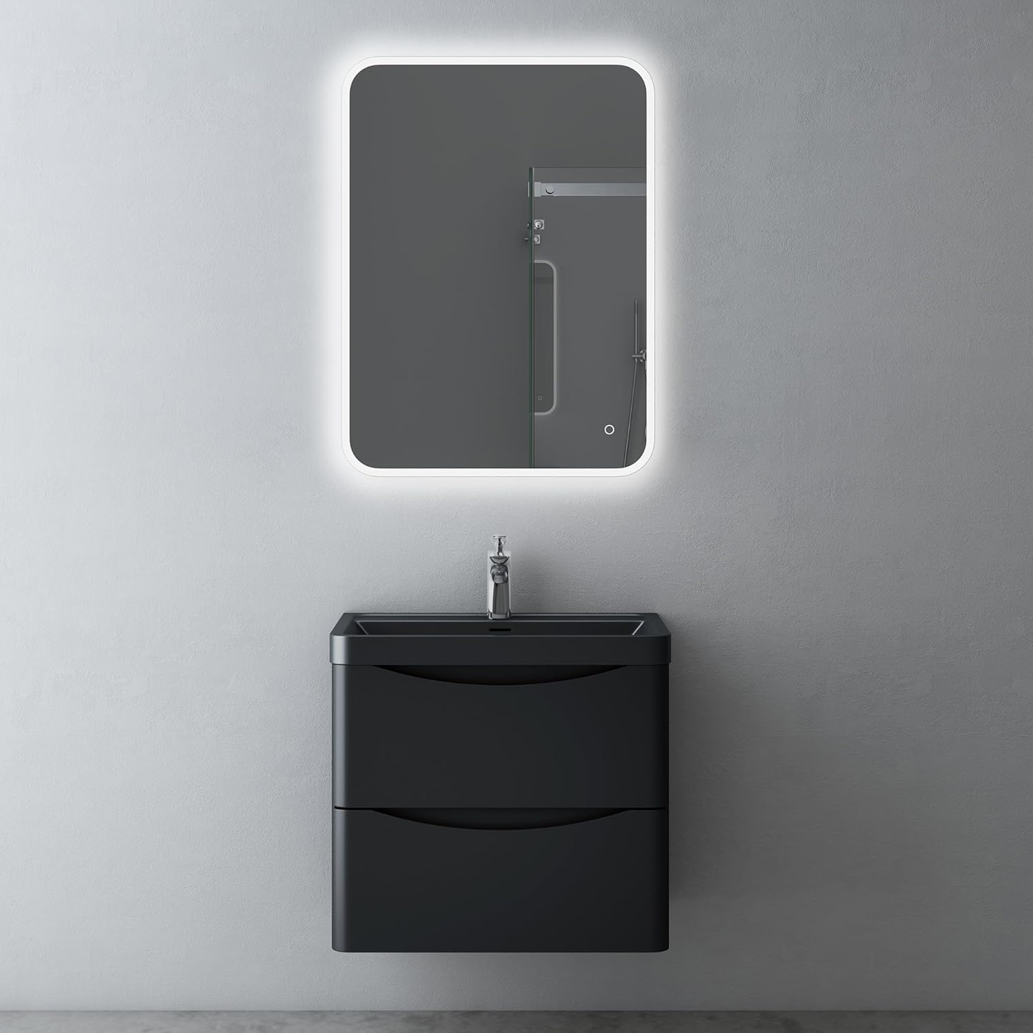 Mai & Mai Bathroom Wall Hung Vanity Unit Furniture With Sink 60x42x55cm Cabinet in Matt Black 2 Drawers with Soft-Close including Mineral Cast Basin Smile.