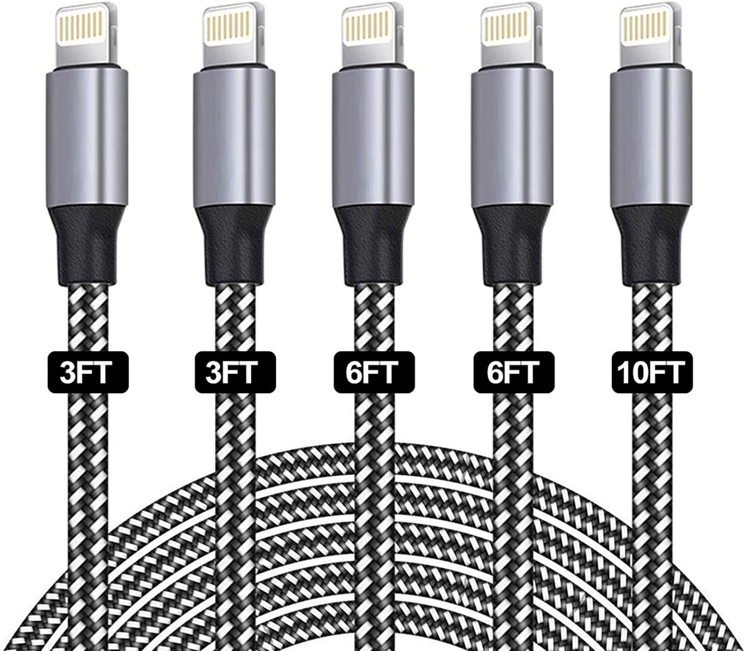 iPhone Charger Cable,SANYEYE MFi Certified [5-Pack 3/3/6/6/10FT] Fast Charger Charging Cable Nylon Braided with Metal Connector for iPhone 12/11/Pro/Xs Max/X/8/7/Plus/6S/6/SE/5S Pad.