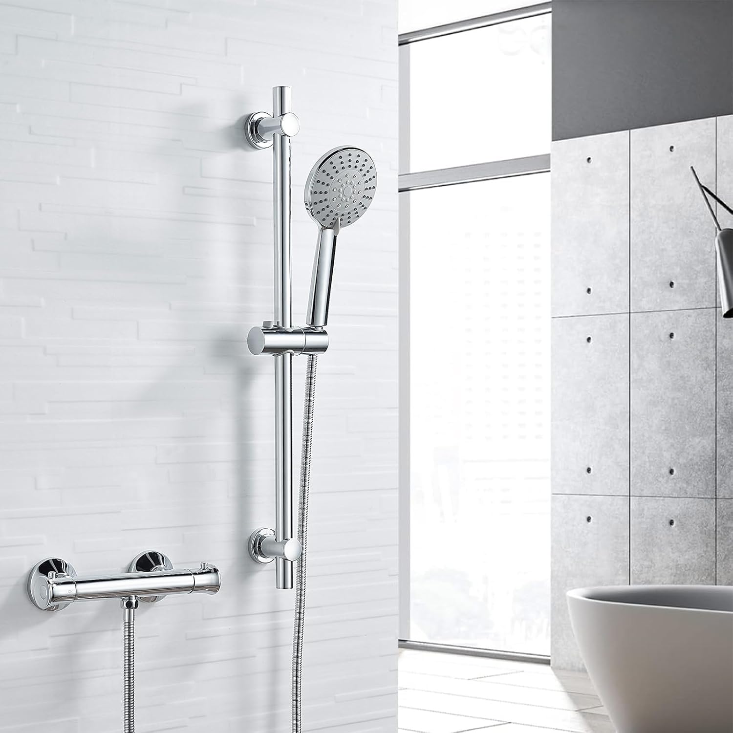 Thermostatic Shower Mixer Bar with Shower Riser Kit, NewEast Chrome Shower Mixer Set, Wall Mounted Mixer Shower Valve.