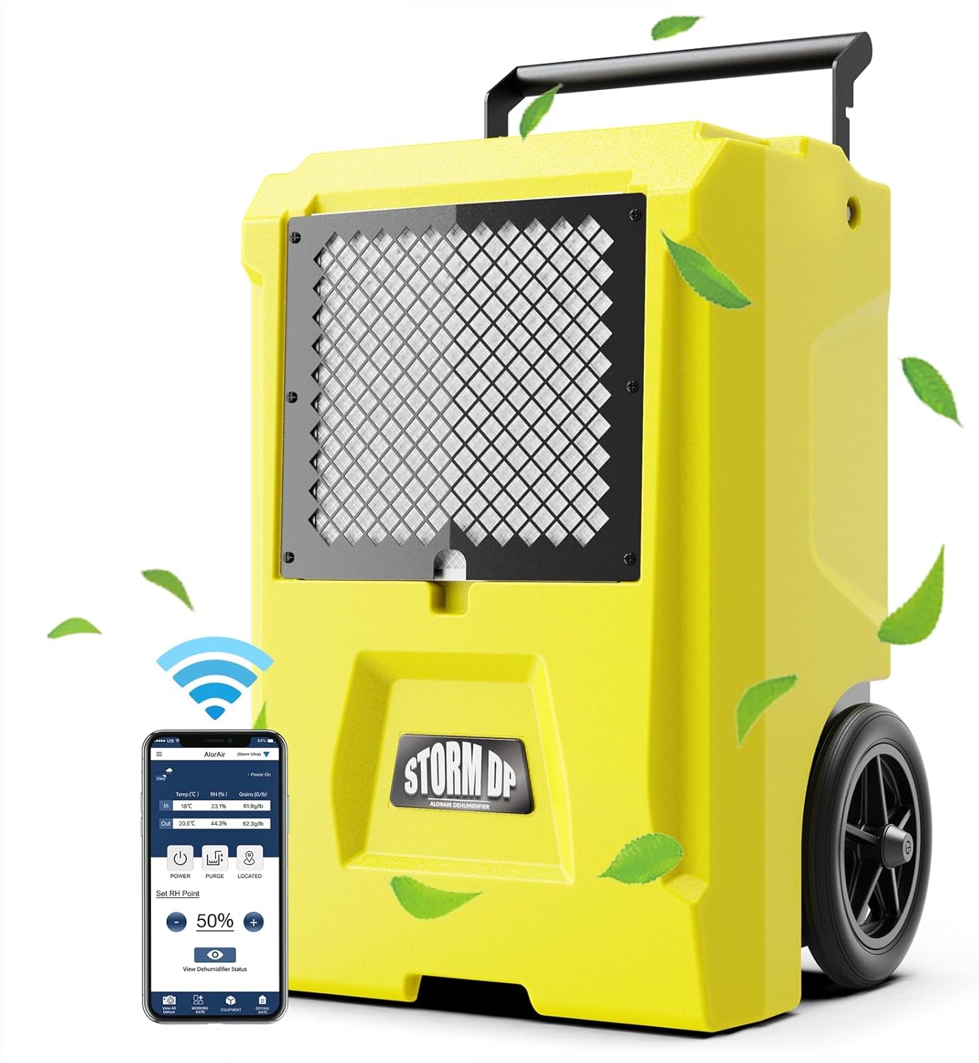 ALORAIR 48L Commercial Dehumidifiers APP Control Basement Dehumidifier Up to 1300 Sq.Ft Dehumidifier with Drain Hose for Garage,Basements, Flood Repair Yellow.