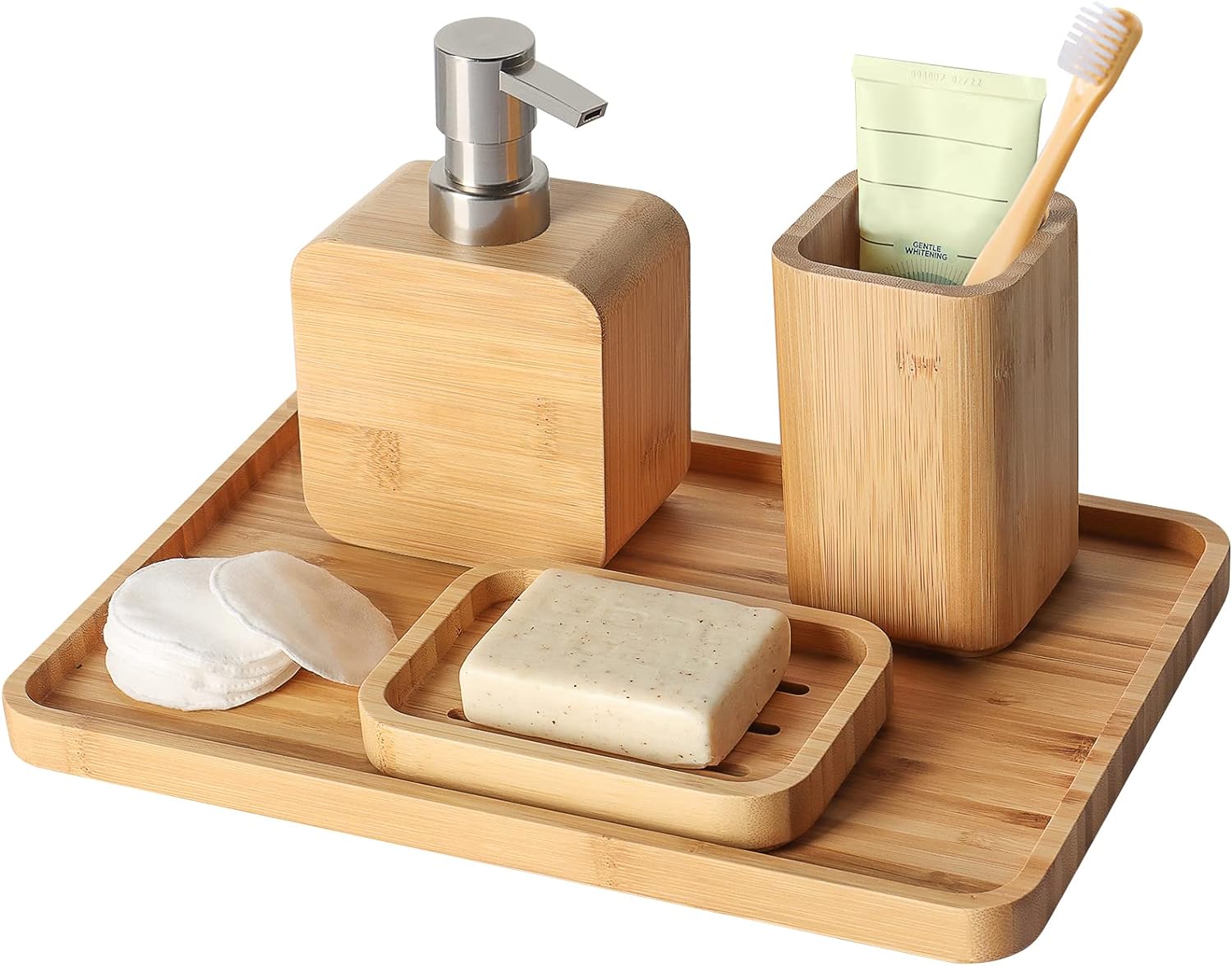 Asashizen 4Pcs Handmade Bamboo Sink & Bathroom Accessory Sets Retro Set, Natural, Soap Dish Holder for Shower, Lotion Soap Dispenser, Mouthwash Cup, Rinse Cup, Organiser Tray for Hotel, House, Office.