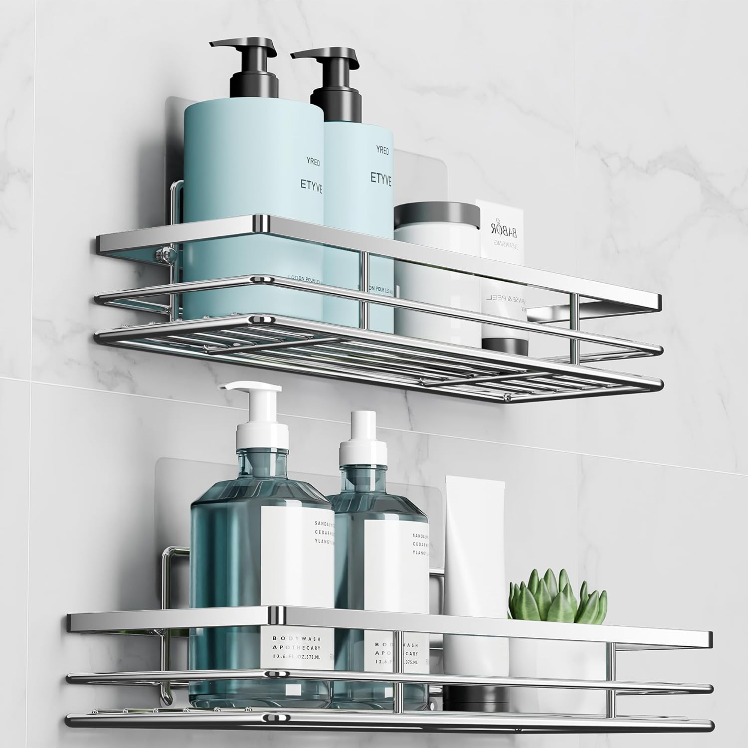 saffruff Shower Caddy 2Pack No-Drilling Organiser Bathroom Caddy Shower Storage Bathroom Shelf Rack Bathroom Accessory Shower Holder with Adhesive Silver 11.8 x 4.3‘’.