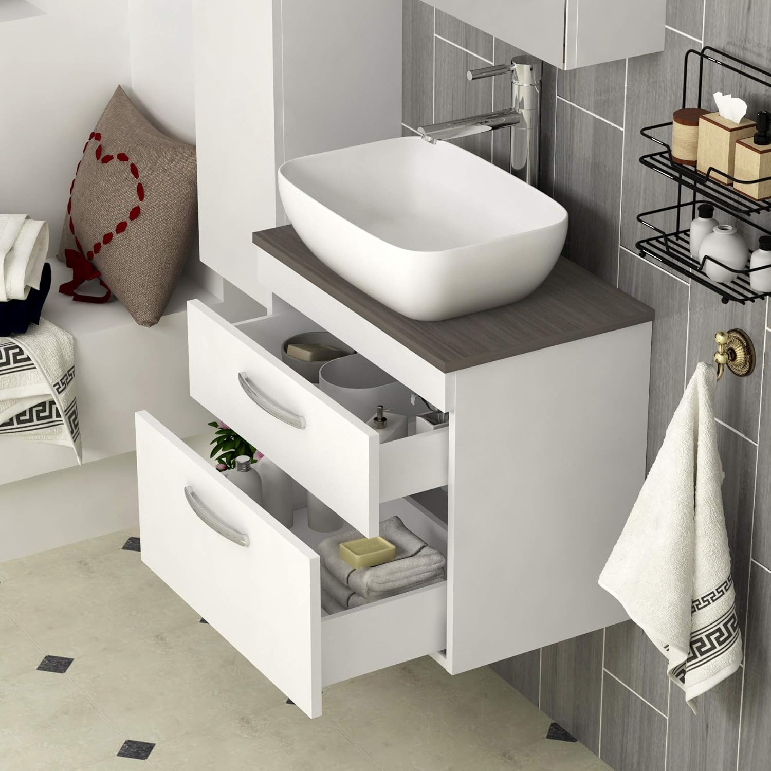 500mm Bathroom Furniture 2 Drawer Wall Hung Worktop Vanity Unit + 455mm Soft Square Countertop Basin - Gloss White.