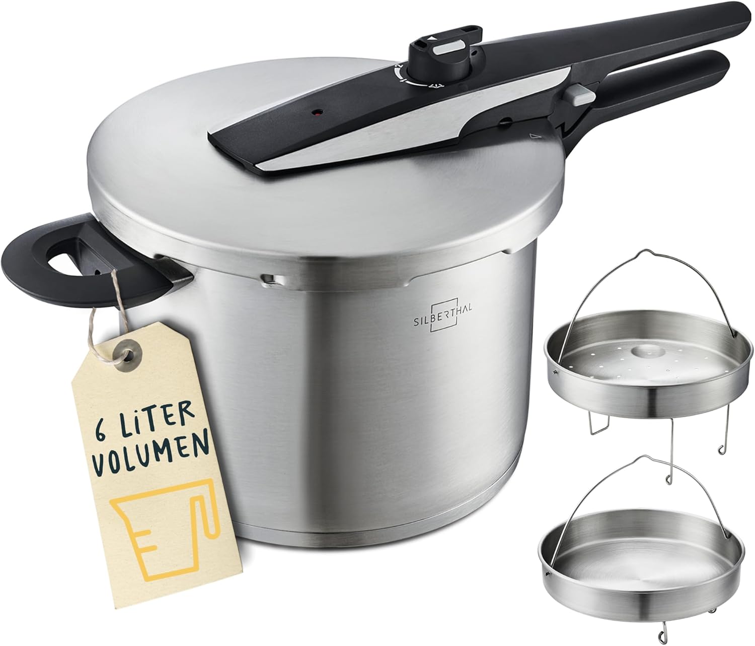 SILBERTHAL Stainless Steel Pressure Cooker - 6 Litres - All Heat Sources Including Induction - 3 Cooking Modes.