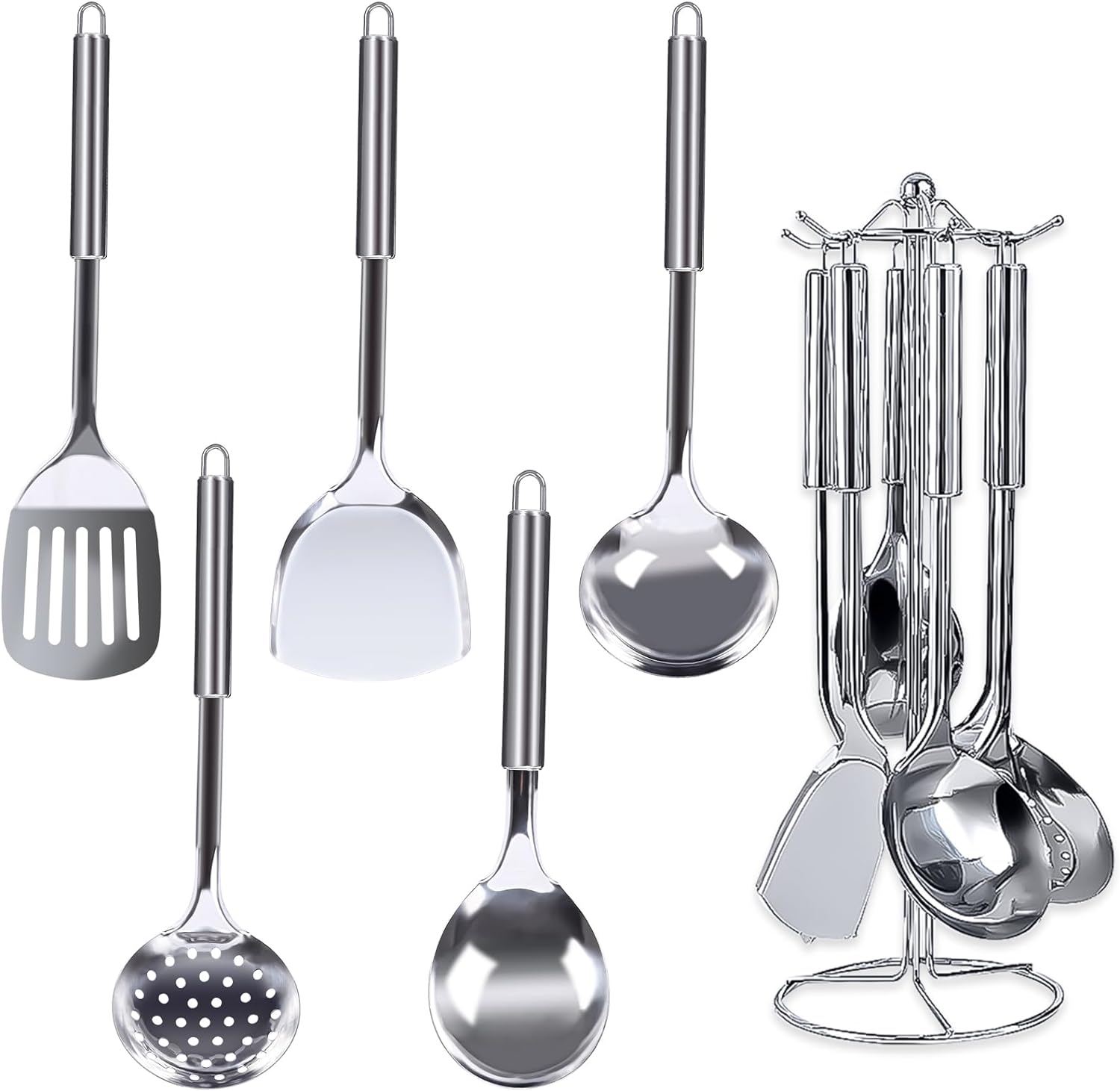 5 Pcs Kitchen Utensils Set Stainless Steel Cooking Utensils Set Heat Resistant Cooking Tools Spoons with Hanging Hole Non-Stick Cooking Tools Dishwasher Safe.