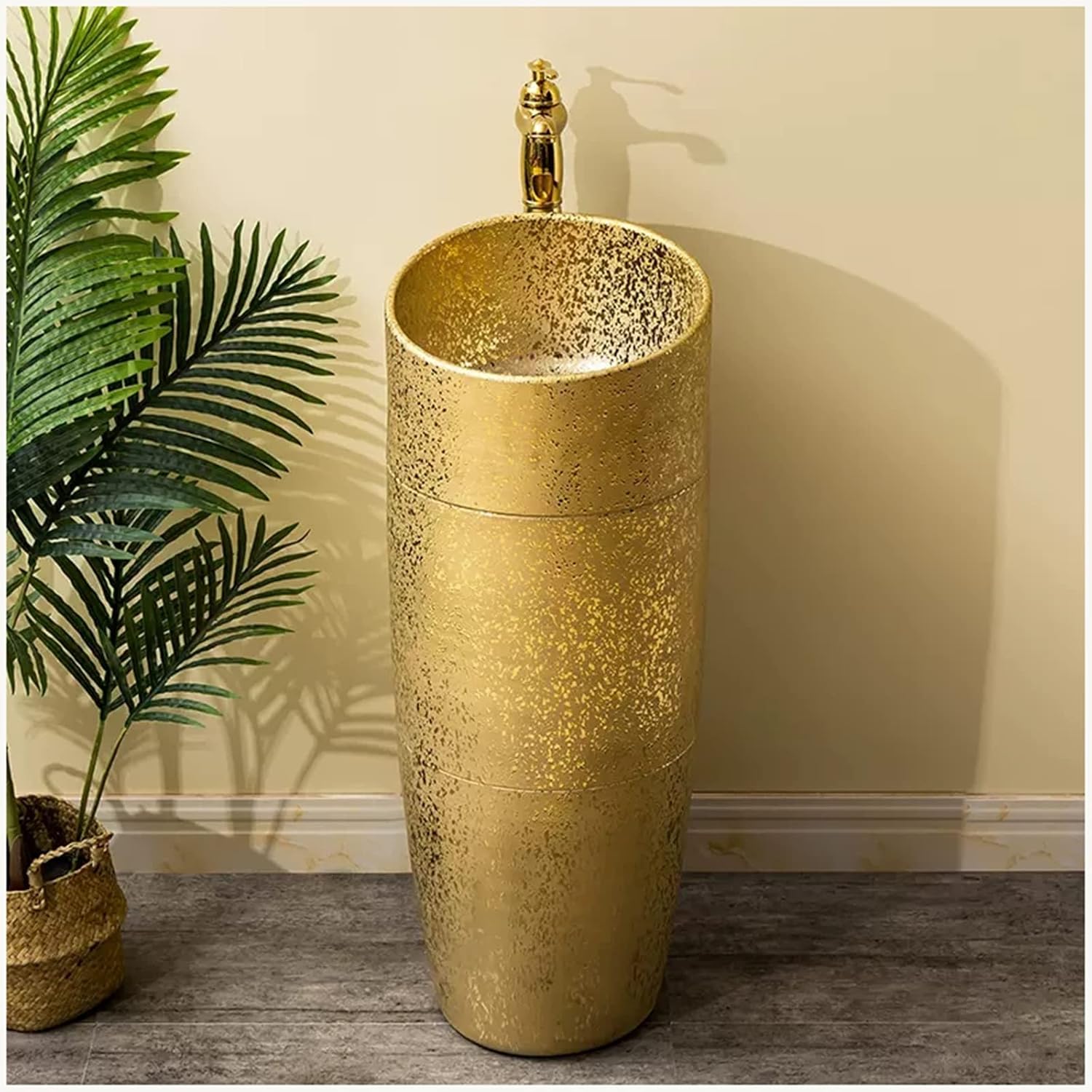 Hand Painted Gold Art Pedestal Basin - Modern Freestanding Washbasin Sink for Bathroom Floor - Ceramic Pedestal Sink with Stand.