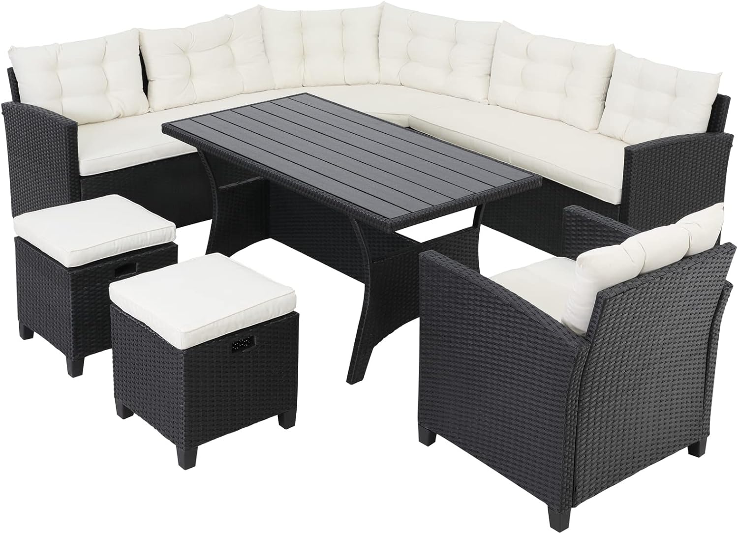 Casaria Poly Rattan Garden Furniture | WPC Dining Table Set | Outdoor Patio Conservatory Corner Sofa | Wicker Lounge Bench Seating | 9 Seater | Black With Cream Cushions         Import  Single ASIN  Import  Multiple ASIN    ×Product customization        G.