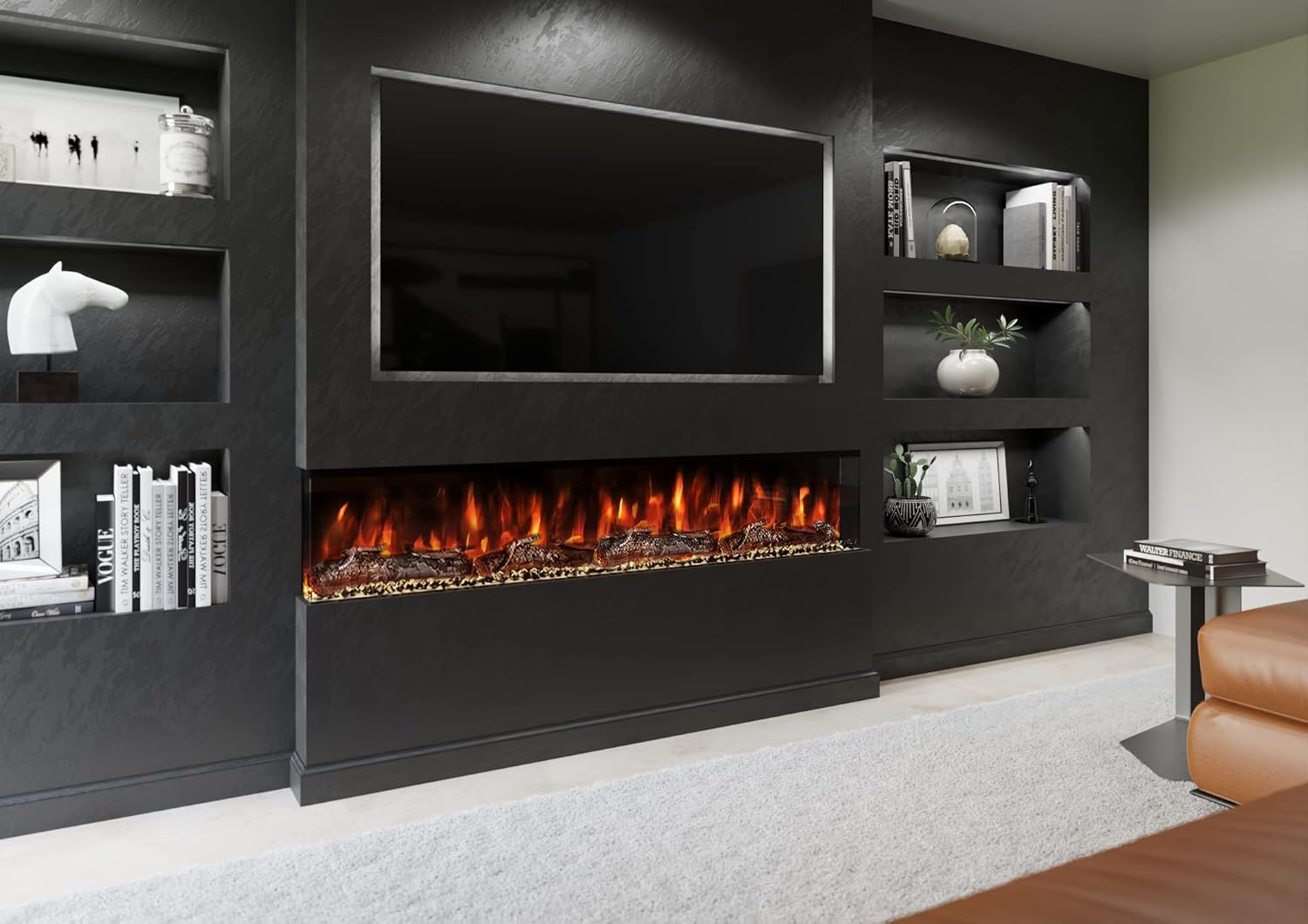 Evolution Fires 72 inch Media Wall Fireplace, 3 Sided Panoramic Electric Fire, Wall Mounted, Touchscreen Controls & Remote Control, Crystal & Log Set.