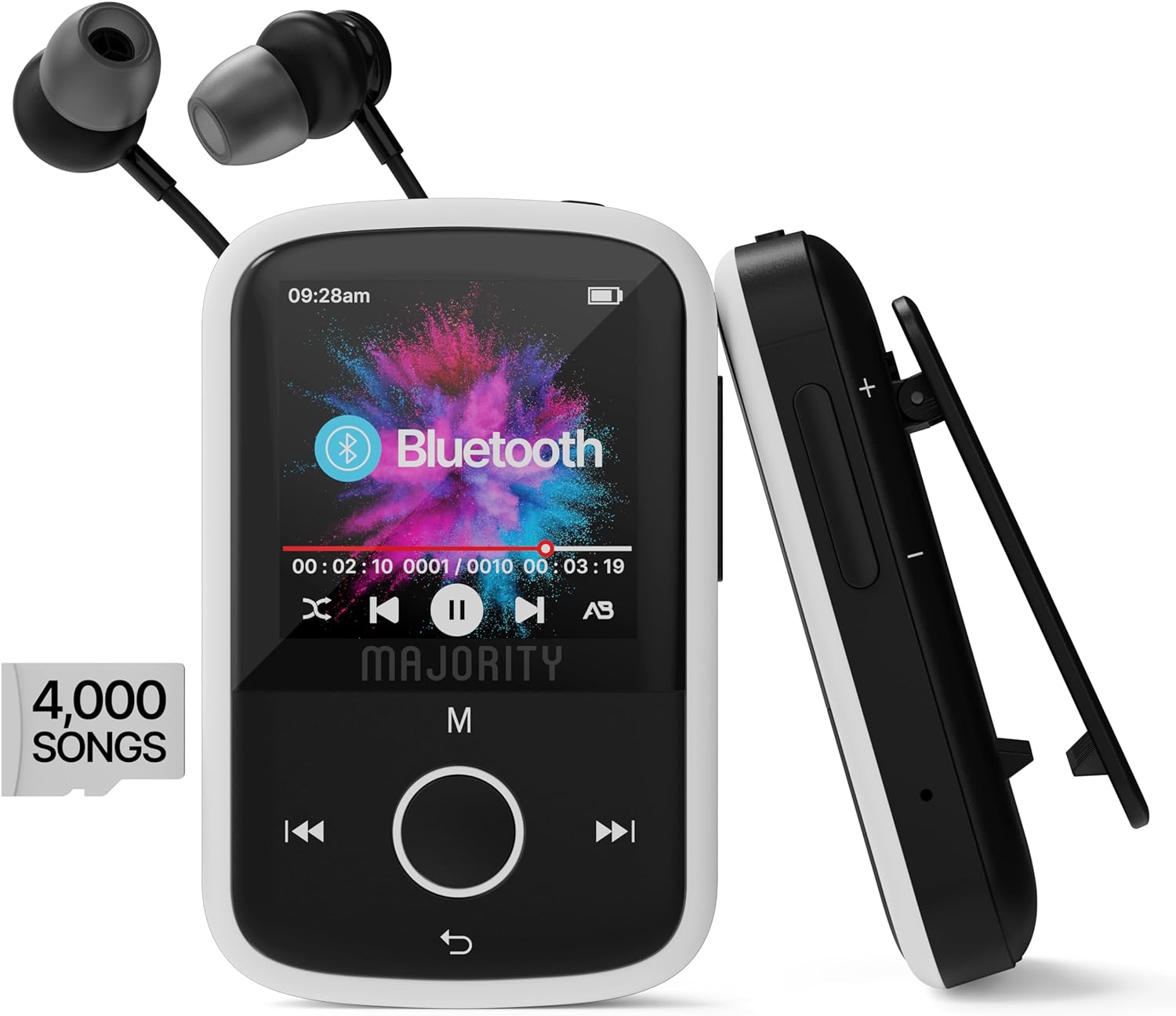 Bluetooth MP3 Music Player with Sports Clip | Included Wired Earphones | 16GB Internal Memory, Expandable up to 128GB | HD Colour Screen, 34 Hours Battery Life | SD and USB-C | MAJORITY MP3 Player.