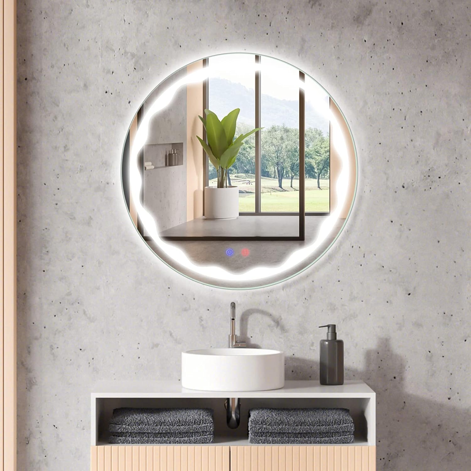 COSTWAY 80x60cm/60x60cm LED Illuminated Bathroom Mirror, Wall Mounted Mirror with Demister Pad, Touch Switch and Adjustable Brightness, Lighted Makeup Vanity Mirror (Round ABS Frame).