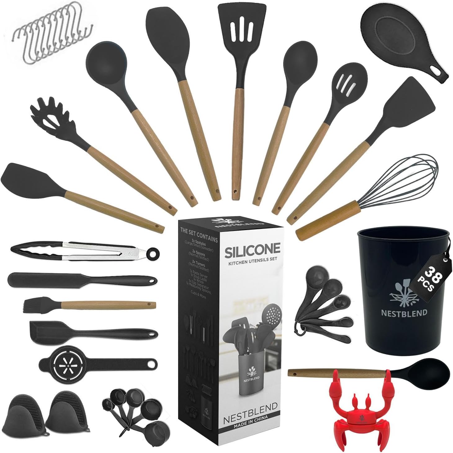 Nestblend Nonstick Kitchen Utensils Set - Silicone Kitchen Cookware Gadgets with Holder - Spoon Holder - Heat Resistant - Dishwasher Safe - BPA Free - 38 Pieces (Black).