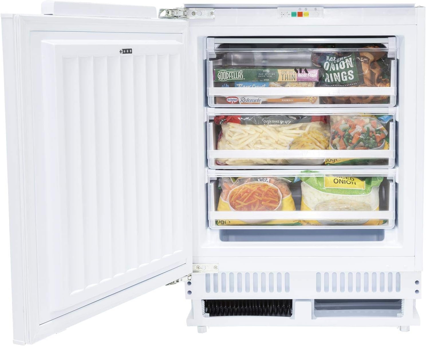 SIA RFU103 60cm 105L White Integrated Under Counter 3 Drawer Freezer With Metal Back.