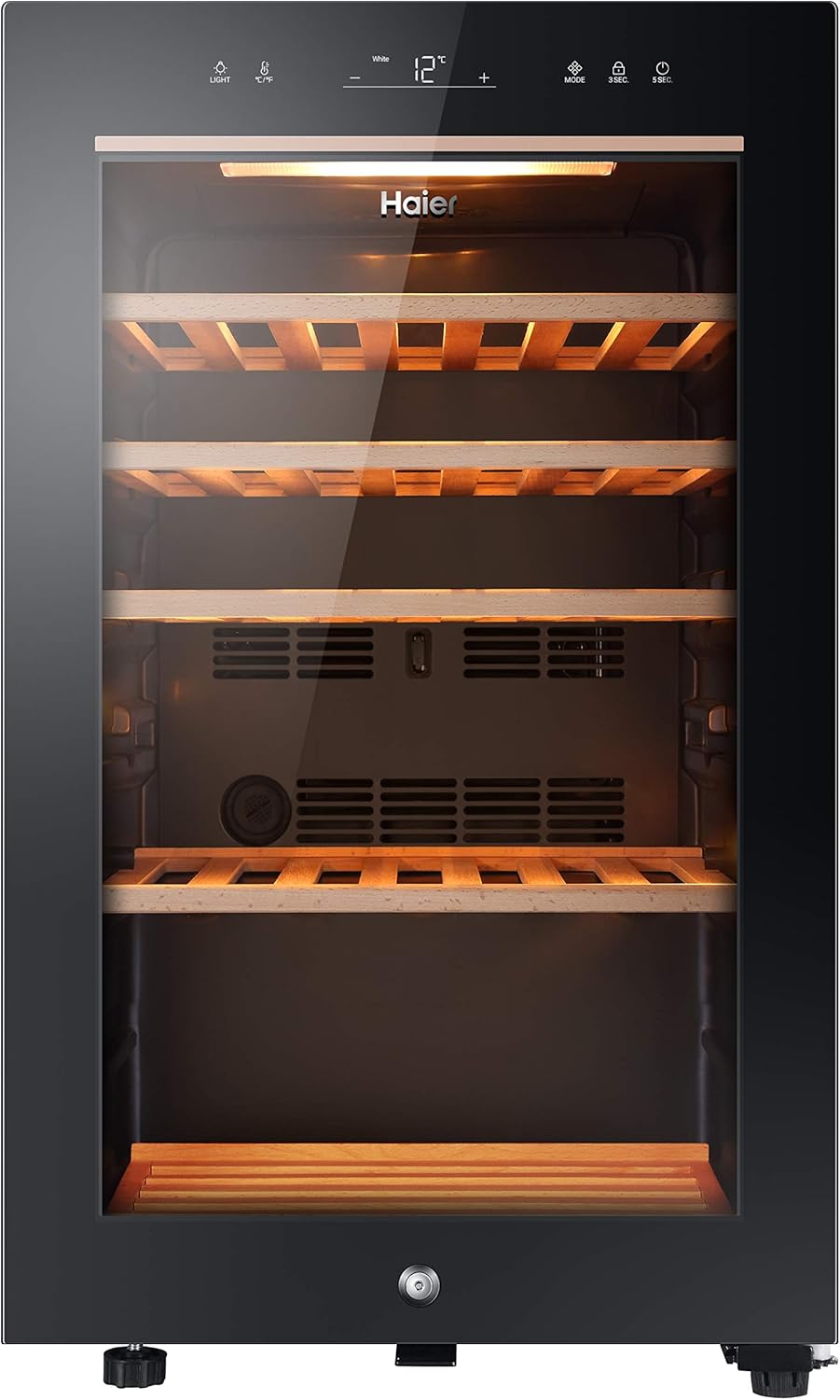 Haier HWS49GA Freestanding Wine Cooler, Single Zone 49 Bottle Single Zone Temperature, 49 Bottle Storage, Anti-UV Glass Door, Anti-Vibration Shelves, 49.7cm wide, Black, G Rated.