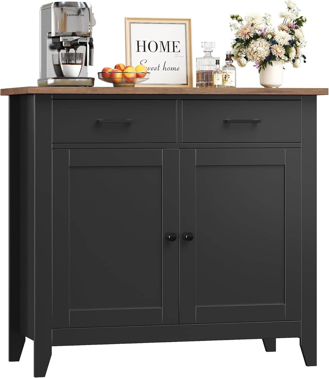 HOCSOK Sideboard, Kitchen Storage Cabinet with 2 Drawers and 2 Doors, Freestanding Cupboard for Kitchen, Living Room, Dining Room, Hallway, 91x40x82cm (Black).