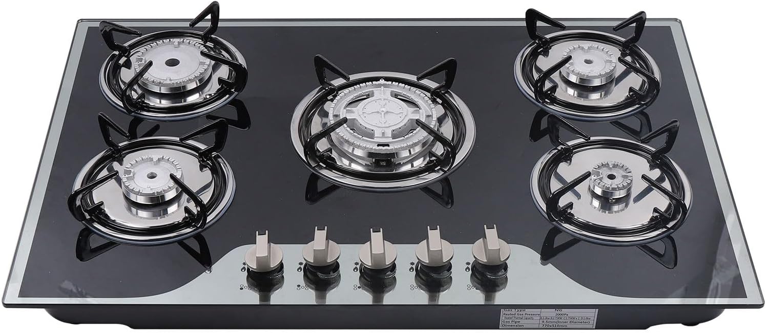 Tempered Glass Gas Cooktop, Gas Hob Installation Gas Hob Gas Hob With 5-Cooking Zones Burner for Natural Gas and Propane Gas.