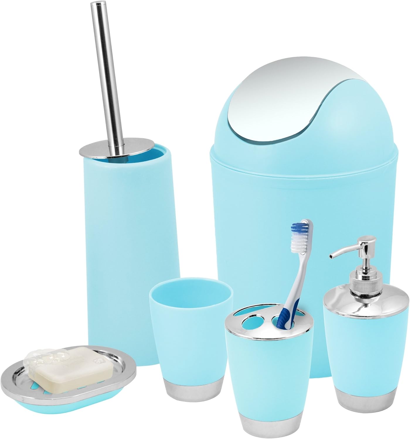 Kabalo Blue 6 Piece Bathroom Shower Accessory Set Bath Accessories - Bin, Soap Dispenser & Dish, Toilet Brush, Toothbrush Holder, Tumbler Cup.