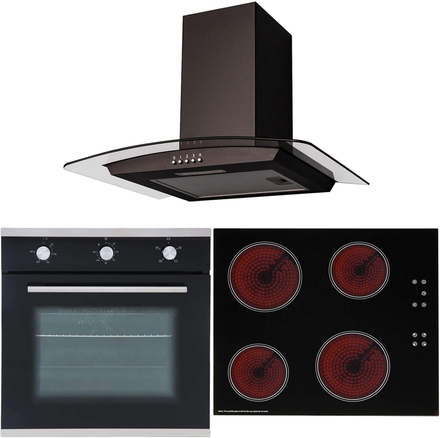 SIA 60cm Black Single Fan Oven, 4 Zone Ceramic Hob And Curved Glass Cooker Hood.