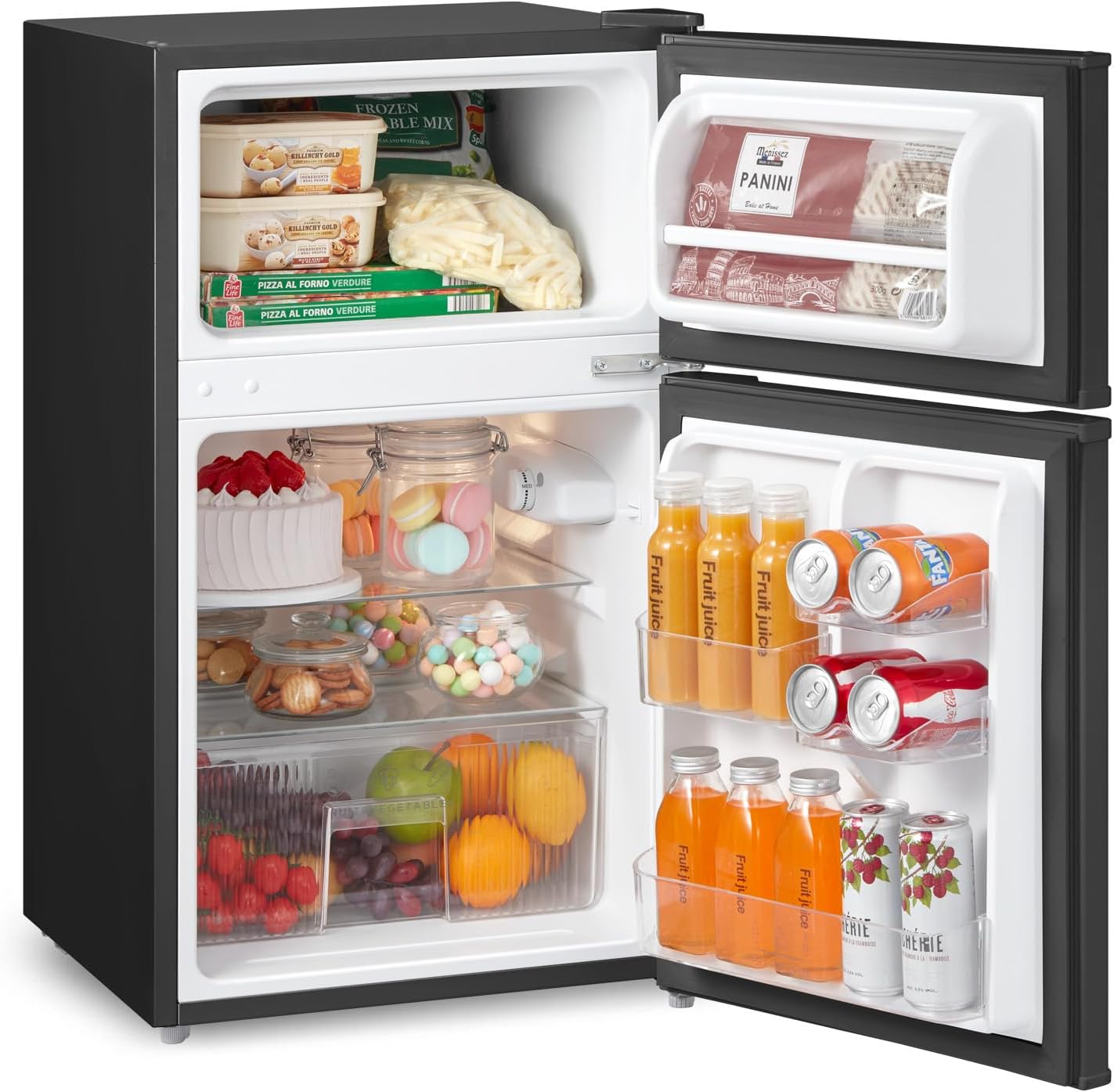 COMFEE' RCT87WH2(E) Under Counter Fridge Freezer, 87L Small Fridge Freezer with Light, Removable Shelves, Adjustable Thermostats, Reversible Doors,White.