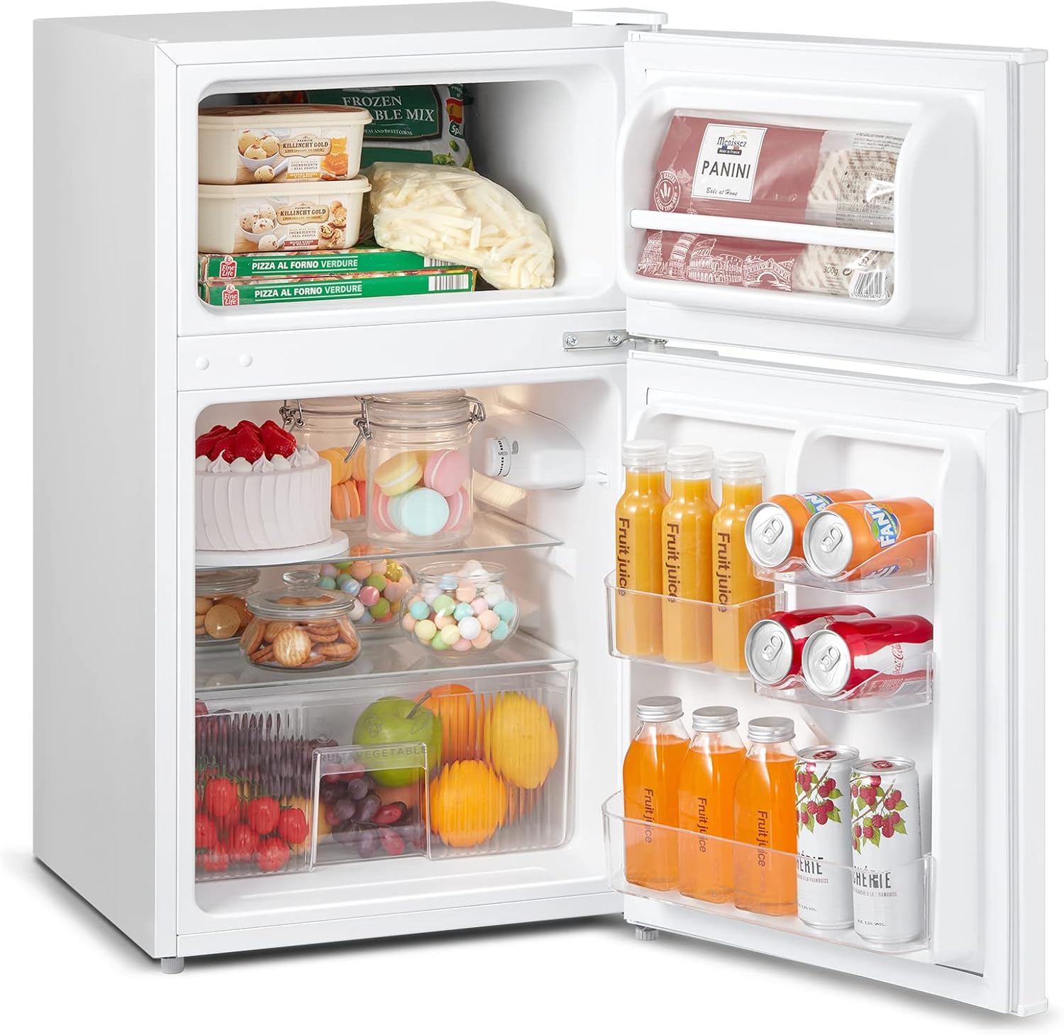 COMFEE' RCT87WH2(E) Under Counter Fridge Freezer, 87L Small Fridge Freezer with Light, Removable Shelves, Adjustable Thermostats, Reversible Doors,White.