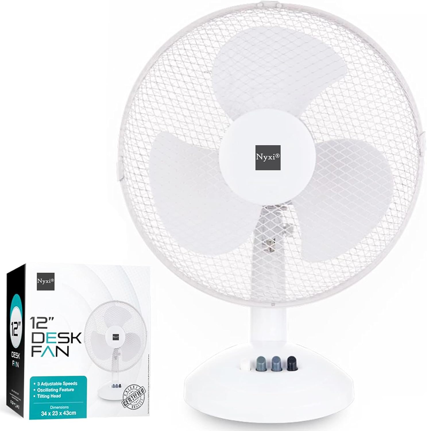 Nyxi 12" Desk Fan, 3 Speed Setting, Oscillating with Tilting Head, Portable, Low Noise Motor, Suitable for Office & Home.