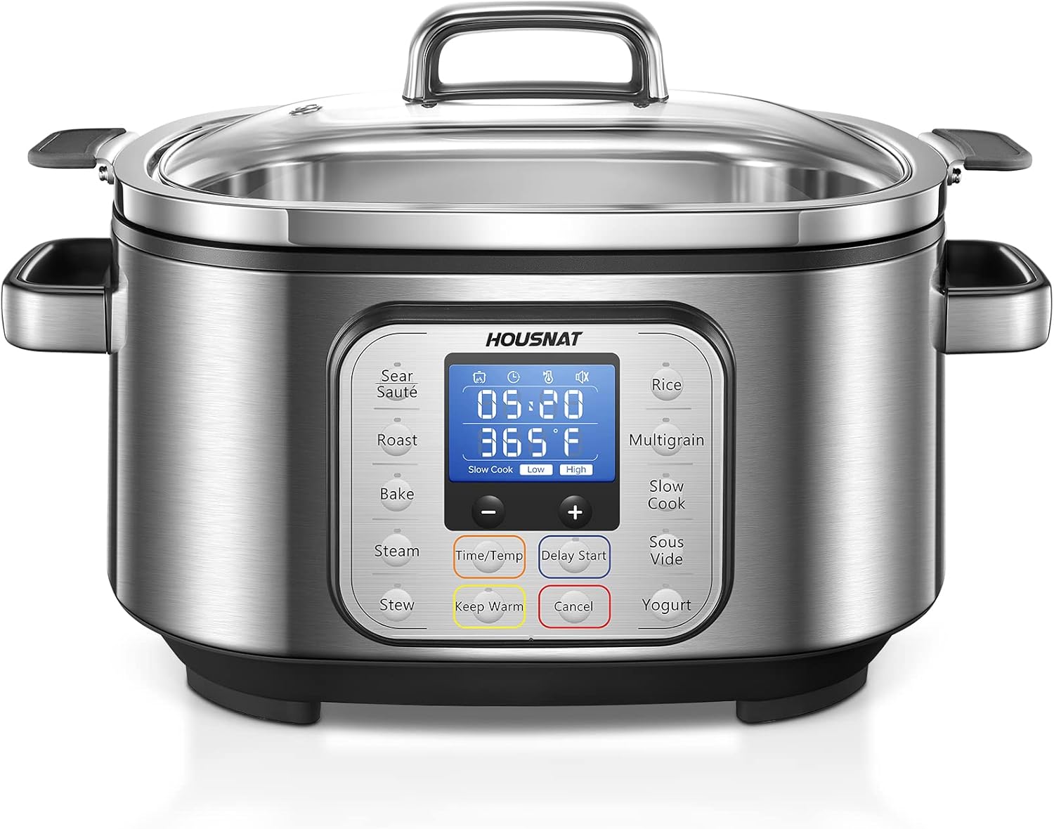 Slow Cooker, HOUSNAT 10 in 1 Programmable Cooker, 6Qt Stainless Steel, Rice Cooker, Yogurt Maker, Delay Start, Steaming Rack and Glass Lid, Adjustable Temp&Time for Slow Cook with Digital Timer.