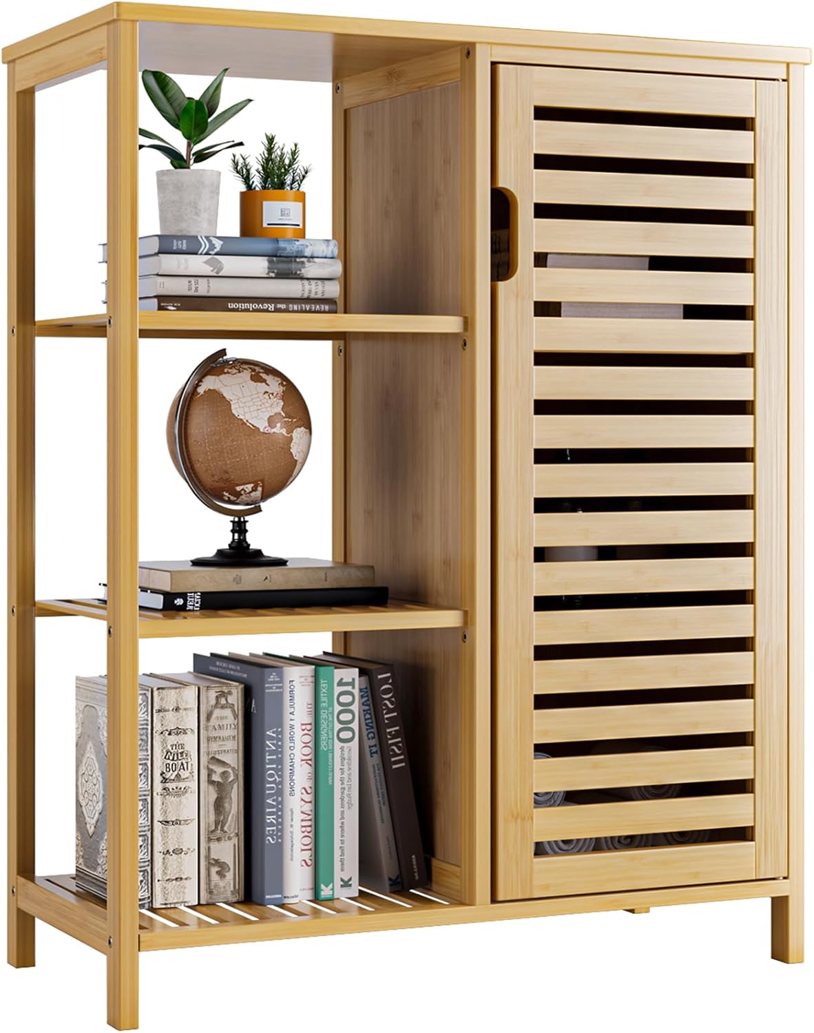 HITNET Bathroom Storage Cabinet Bamboo, Free Standing Floor Cabinet, Kitchen Cupboard Side Storage Organizer with Shutter Door and 3 Side Shelves, Walnut.