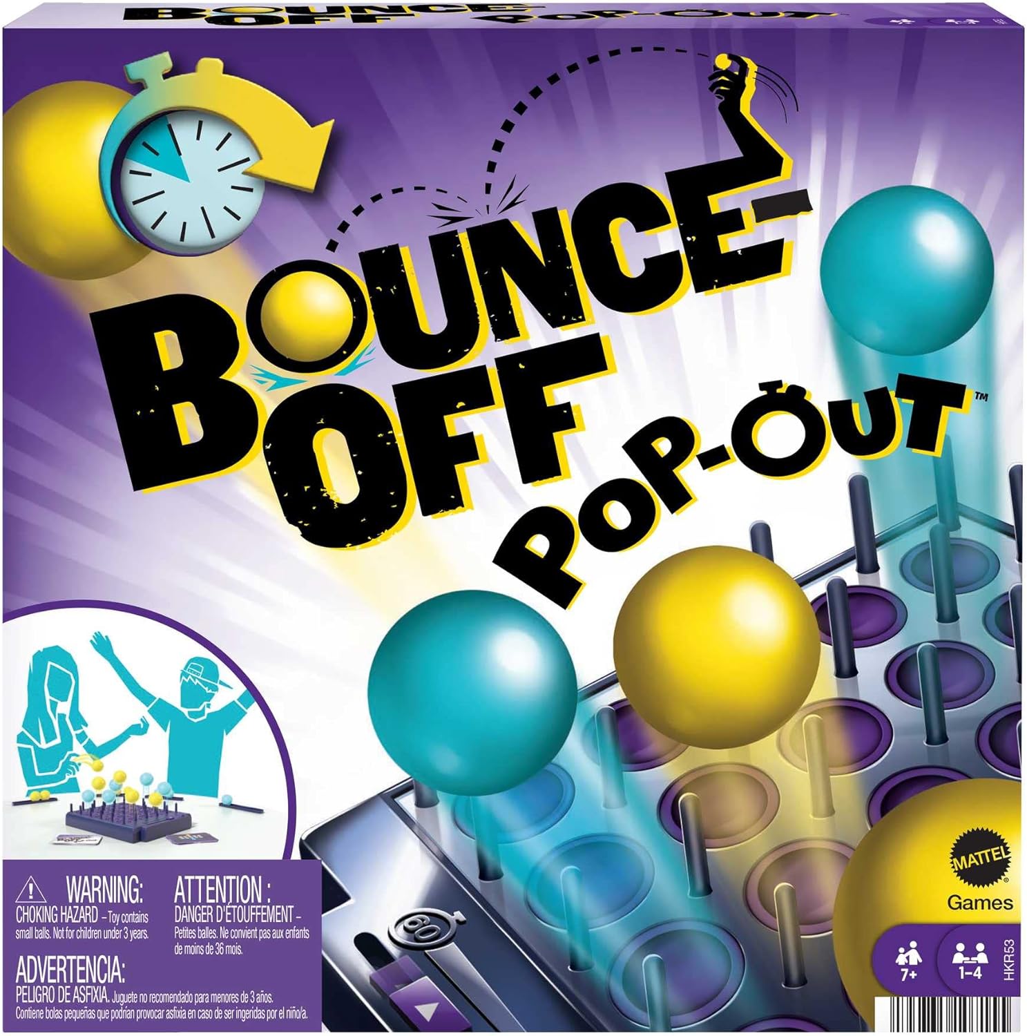 MATTEL BOUNCE-OFF POP-OUT Party Game for Family, Teens, Adults with 16 balls, 20 Challenge Cards, Game Tray with Timer, Gift for 7 Year Olds & Up.