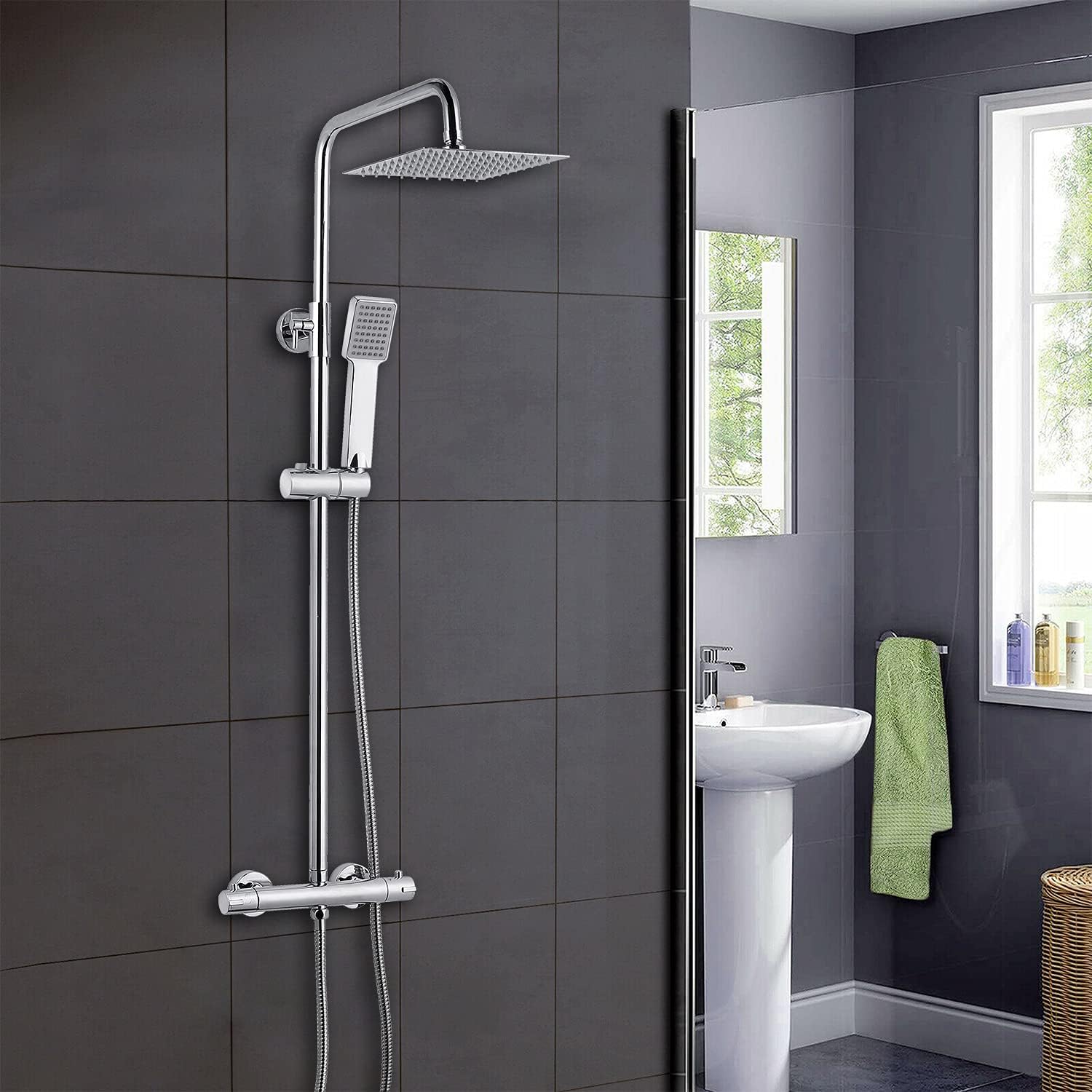 Xinyang Bathroom Thermostatic Valve Shower Mixer Set, Handheld Shower and with 8" Overhead Adjustable Rainfall Shower Taps and Independent Water Control, Twin Head & Hose Chrome Plated Set.