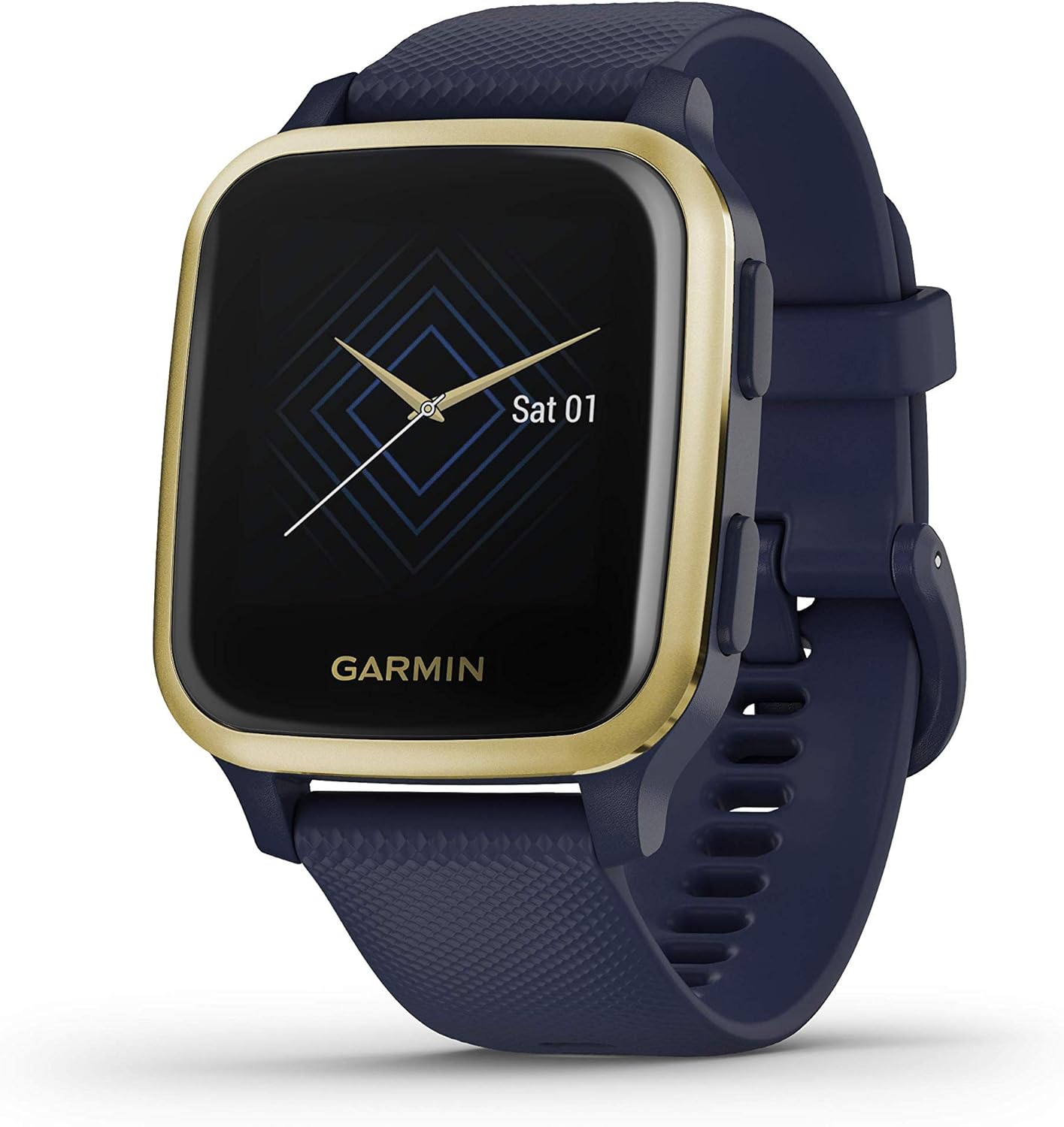 Garmin Venu Sq Music Edition, GPS Smartwatch with All-day Health Monitoring and Fitness Features, Built-in Sports Apps and More, Light Gold with Navy Silicone Band (Refurbished).