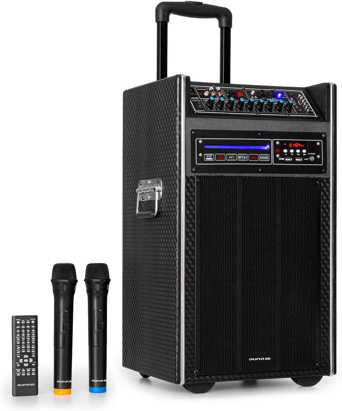 auna pro DisGo Box DVD - Mobile PA System with Built-in DVD Player, 300 W Max., 2 x 10" (25.5 cm) Subwoofer, Bluetooth, USB, SD Slot, Wireless UHF Radio Microphone, Battery, Remote Control, Black.