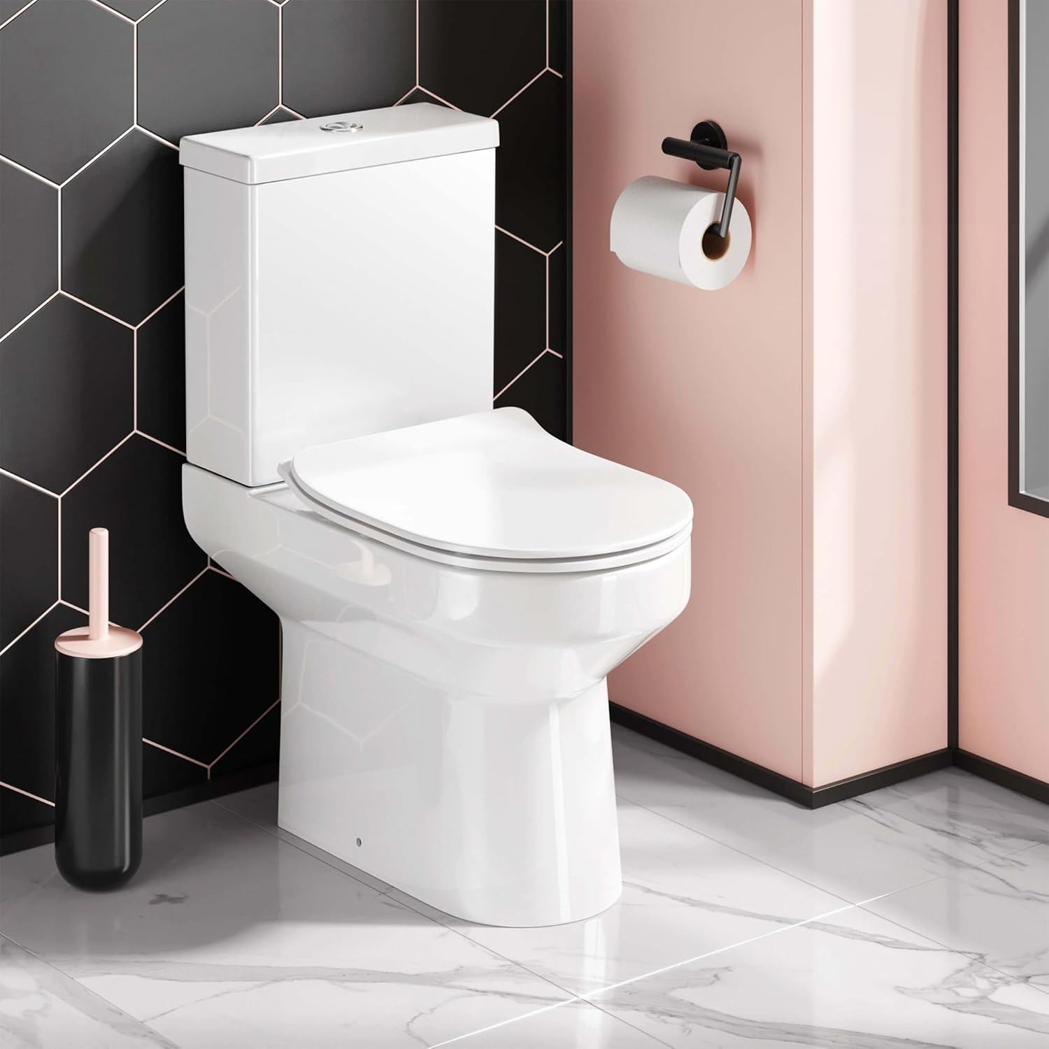 Modern Rimless Close Coupled Round Comfort Height Ceramic Toilet with Slim Soft Close Seat.