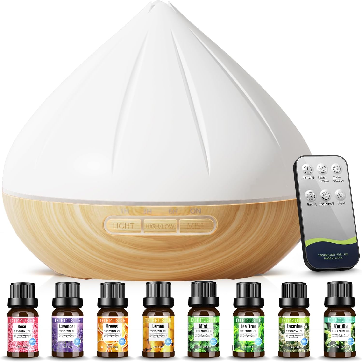 Essential Oil Diffuser, 500ml Aromatherapy Diffuser with 8x10ml Essential Oils Set, Aroma Diffusers for Home, Humidifier for Bedroom, Remote Control Air Fresheners Diffuser with 14 Color LED Lights.