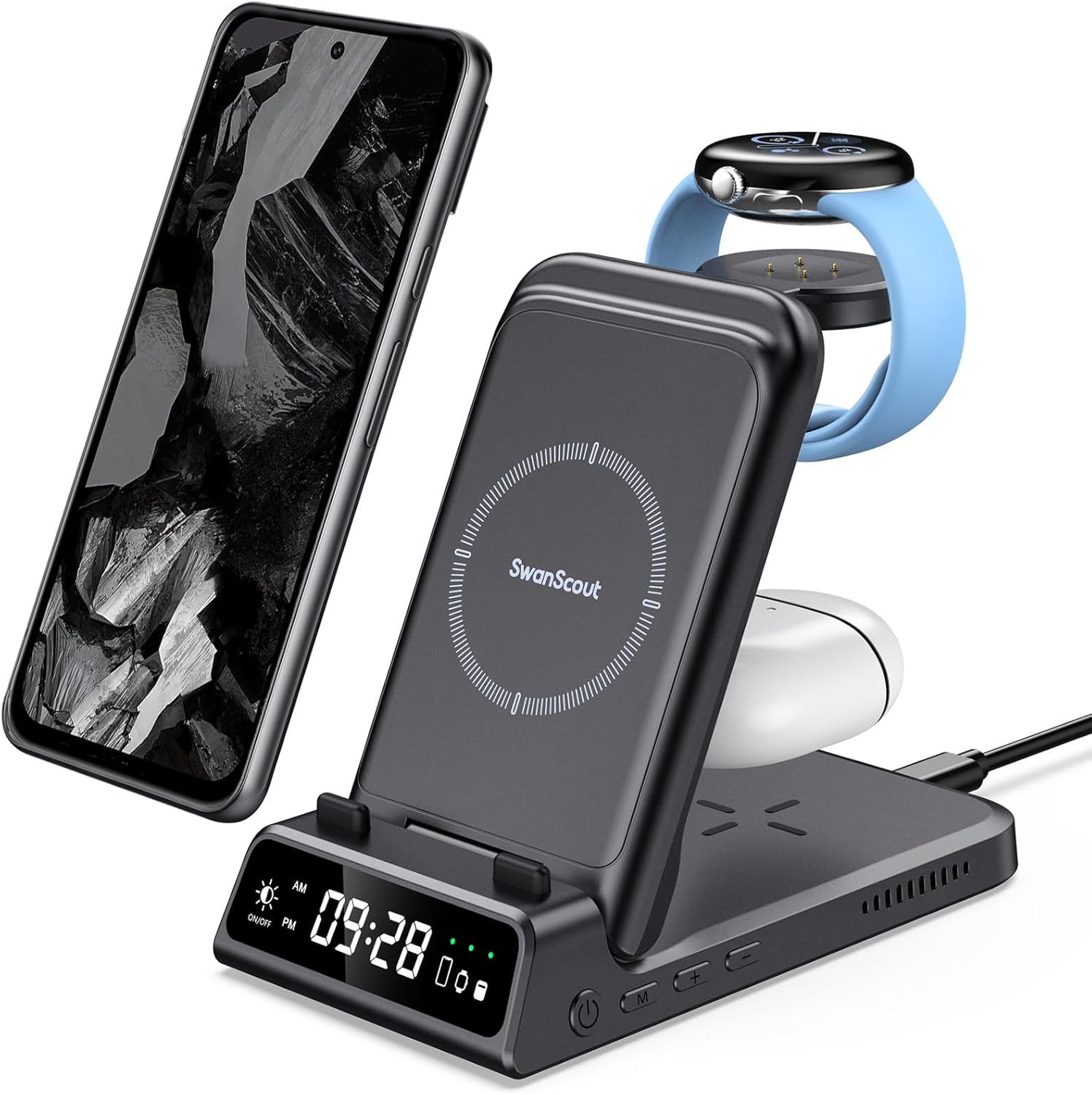 SwanScout 703G2 Wireless Charger for Google Watch 3/2, 4 in 1 Foldable Charging Station for Google Pixel 9 Pro/9 Pro XL/9/8 Pro/8a/8/7a/Fold/7/7 Pro/6/6 Pro, Pixel Buds Pro 2