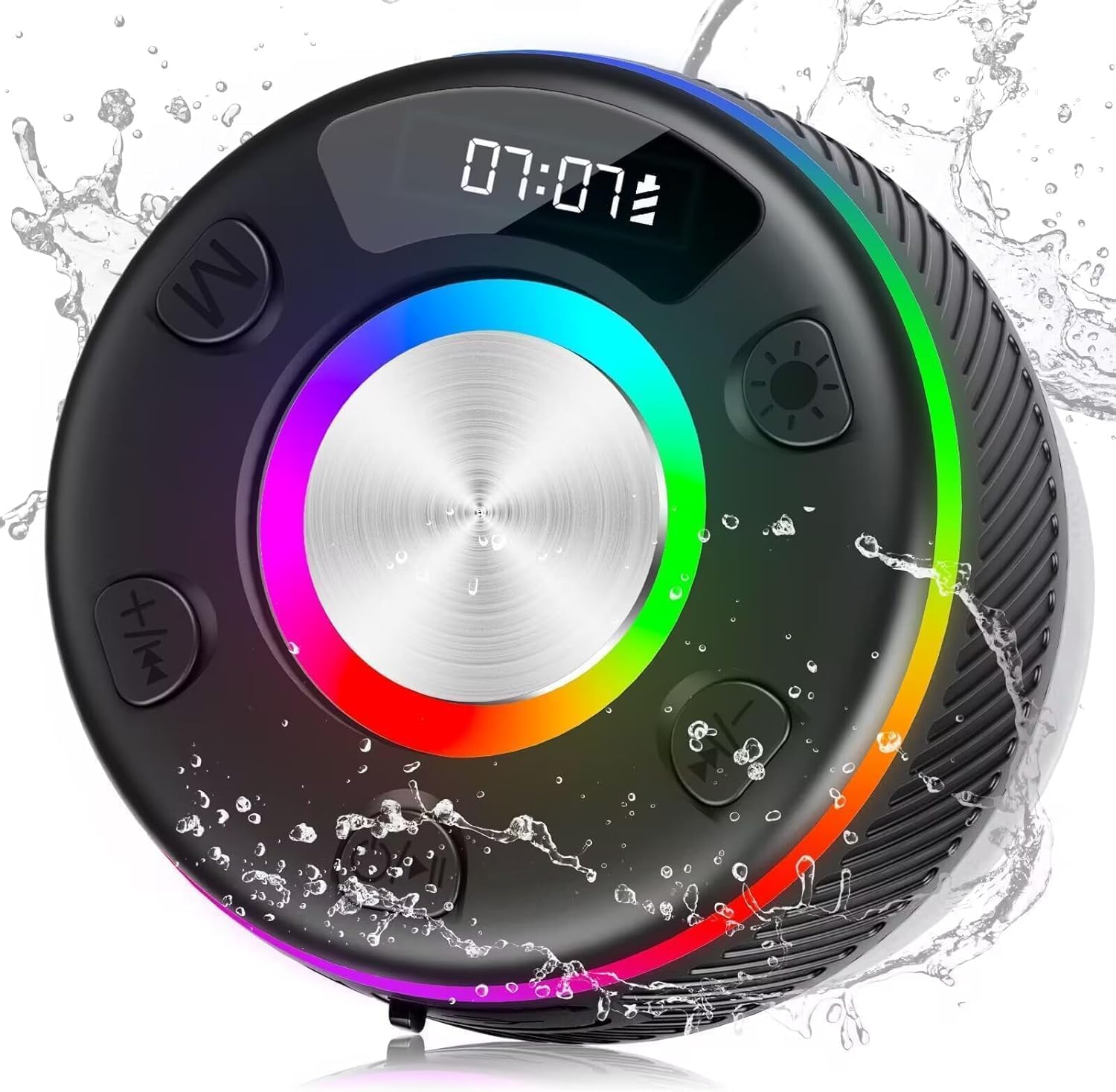 Bluetooth Shower Speaker, Portable Speakers Bluetooth 5.3 with HD Sound, IPX7 Waterproof, Colorful RGB Light/LED Display/Suction Cup/Hands-Free Call/FM Radio, Perfect for Bathroom Sing-Along, Black.