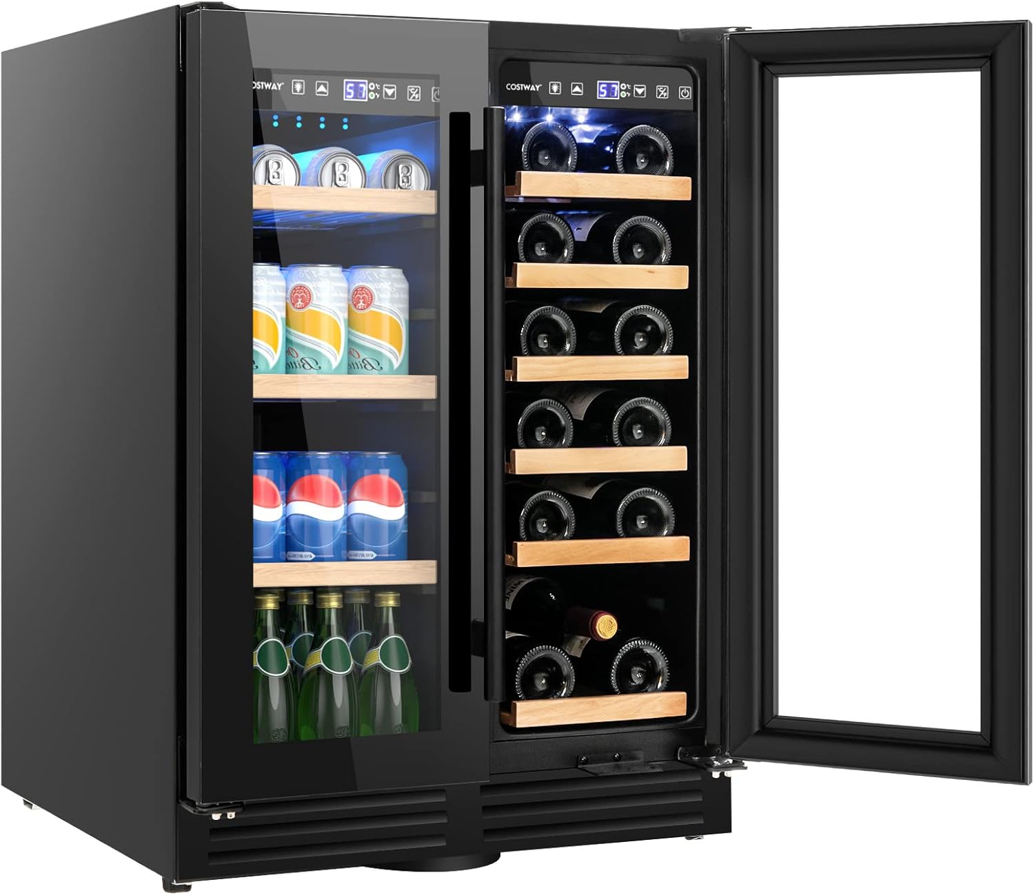 COSTWAY Dual Zone Wine Beverage Refrigerator, 120L Double Door Commercial Bottle Fridge with LED Lighting, 2 Independent Control Zones, Removable Shelves & Safety Lock, Back Bar Drink Fridge.