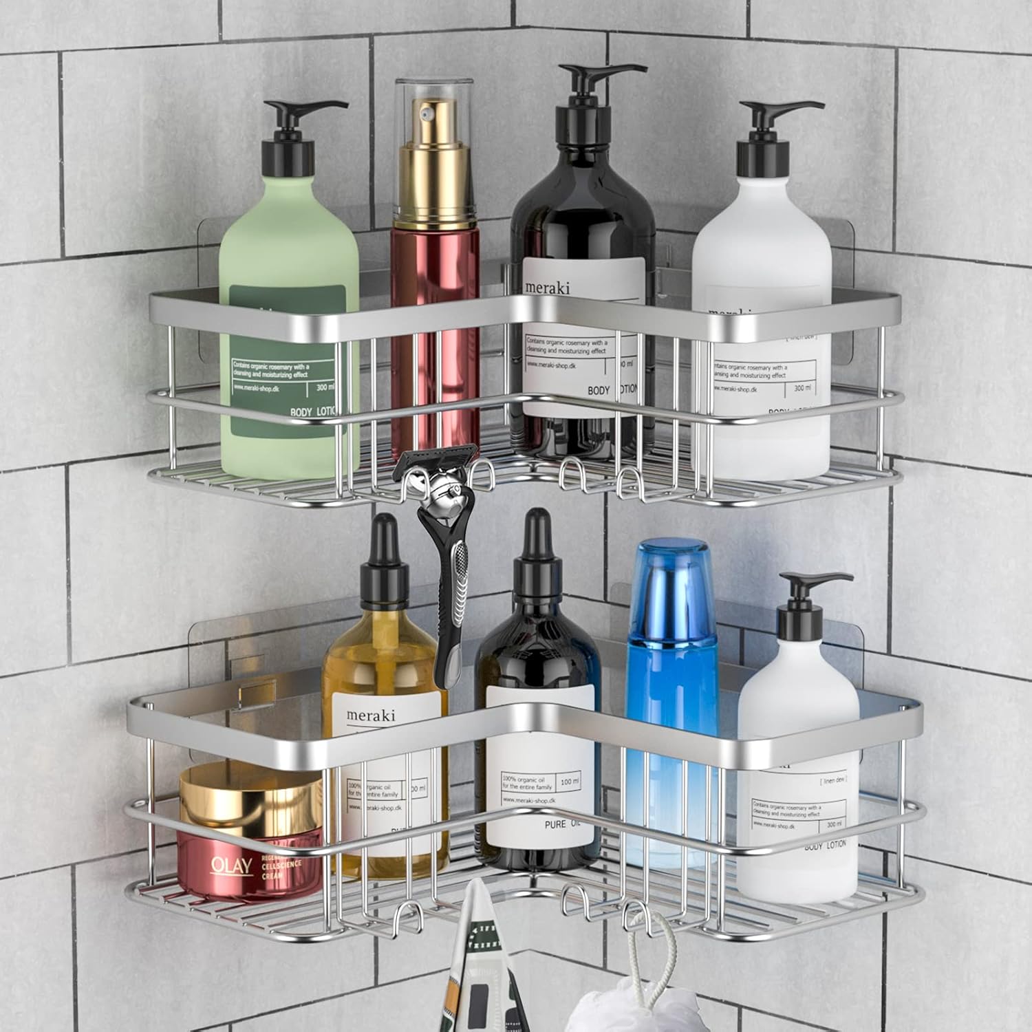 Yazoni Corner Shower Caddy 2-Pack, No Drilling Shower Organizer Corner Shelf for Bathroom Tub, Stainless Steel Shower Caddy Corner Shelf for Bathroom Kitchen(Silver).