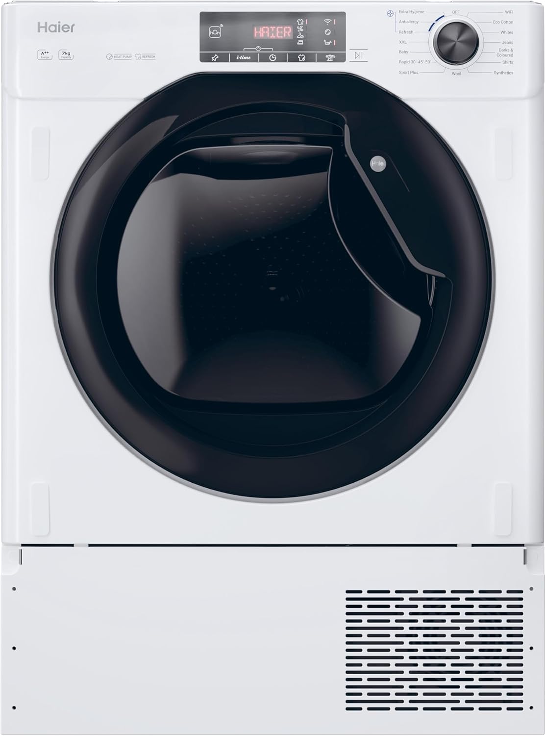 Haier HDBI H7A2TBEX-80 7kg Integrated Heat Pump Tumble Dryer, A++ Rated, White & Black.