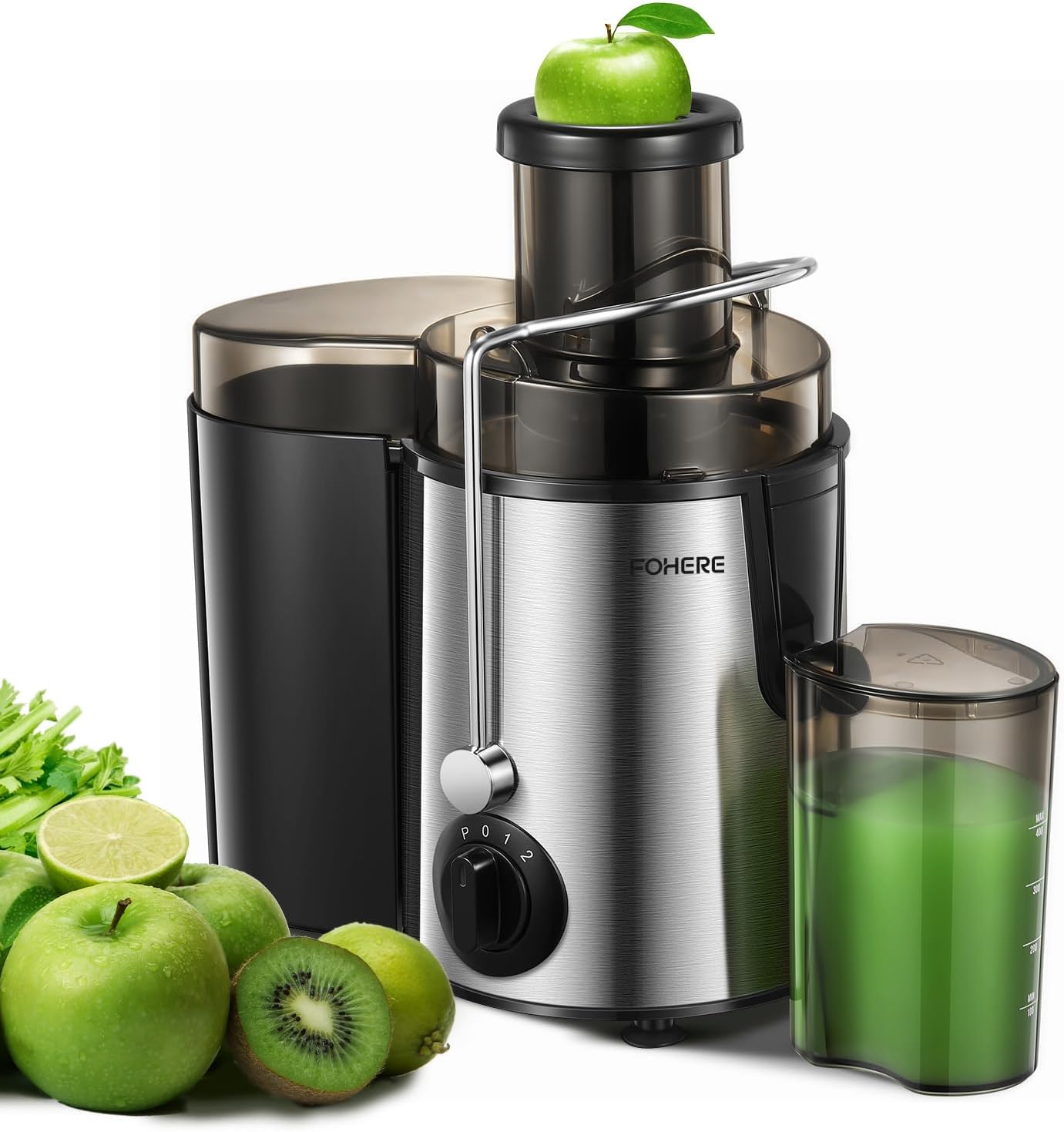 Juicer Machines, FOHERE Juicer Whole Fruit and Vegetables with 3-Speed Setting, Upgraded Version 400 W Motor Quick Juicing, Cleaning Brush and Juicing Recipe Included.