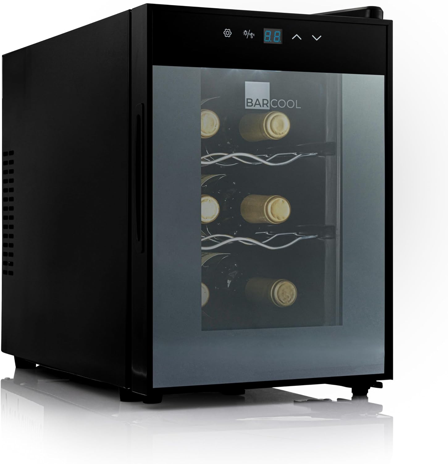 Barcool VINO8 – Table-Top Wine Fridge Black | 5-18°C | Wine Cooler | LED + Digital Display | Glass Door Drinks Cellar | Single-Zone (8 Bottle).