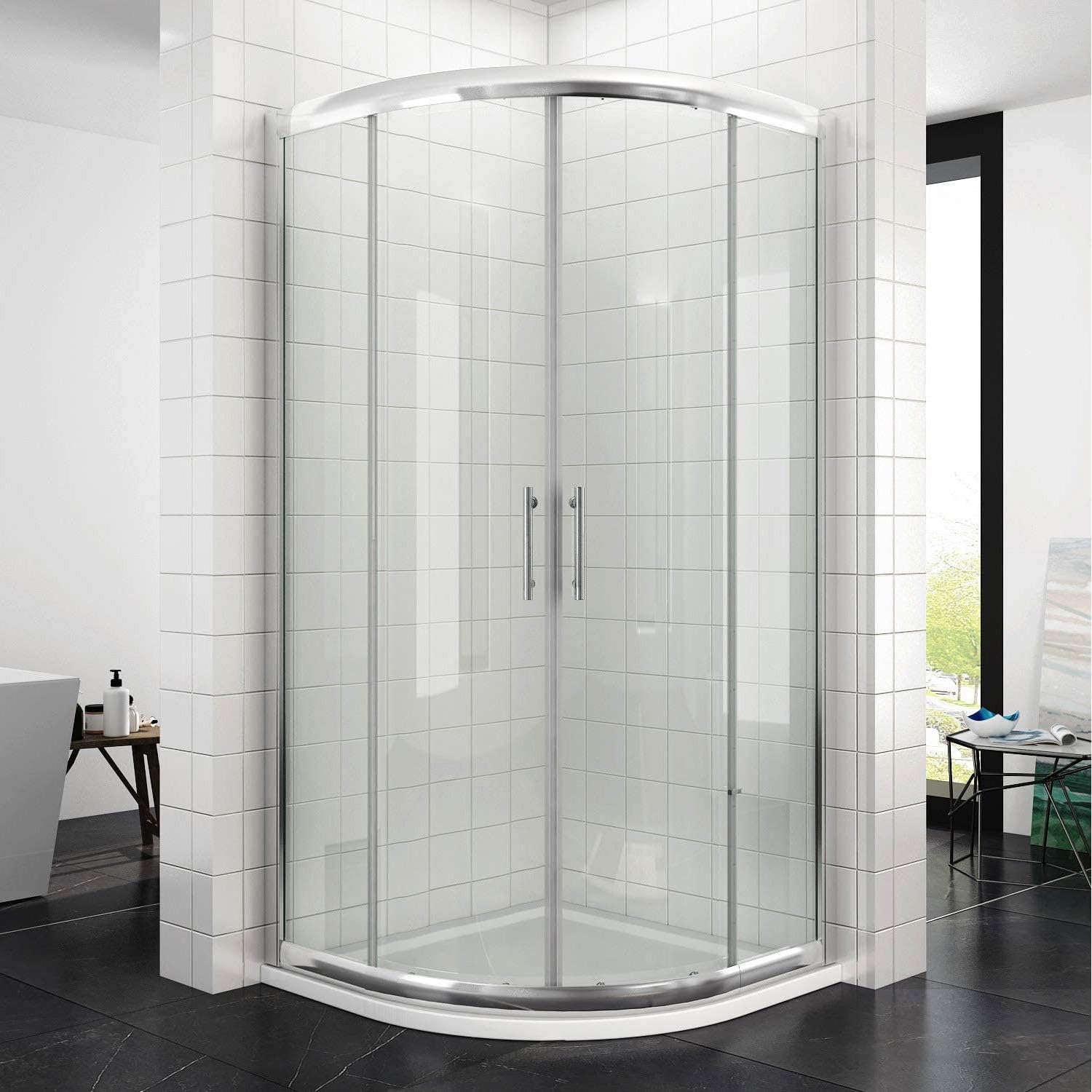 ELEGANT 900 x 900 mm Quadrant Shower Door 6mm Safety Glass Sliding Shower Enclosure with Stainless Steel Handle, Chrome.