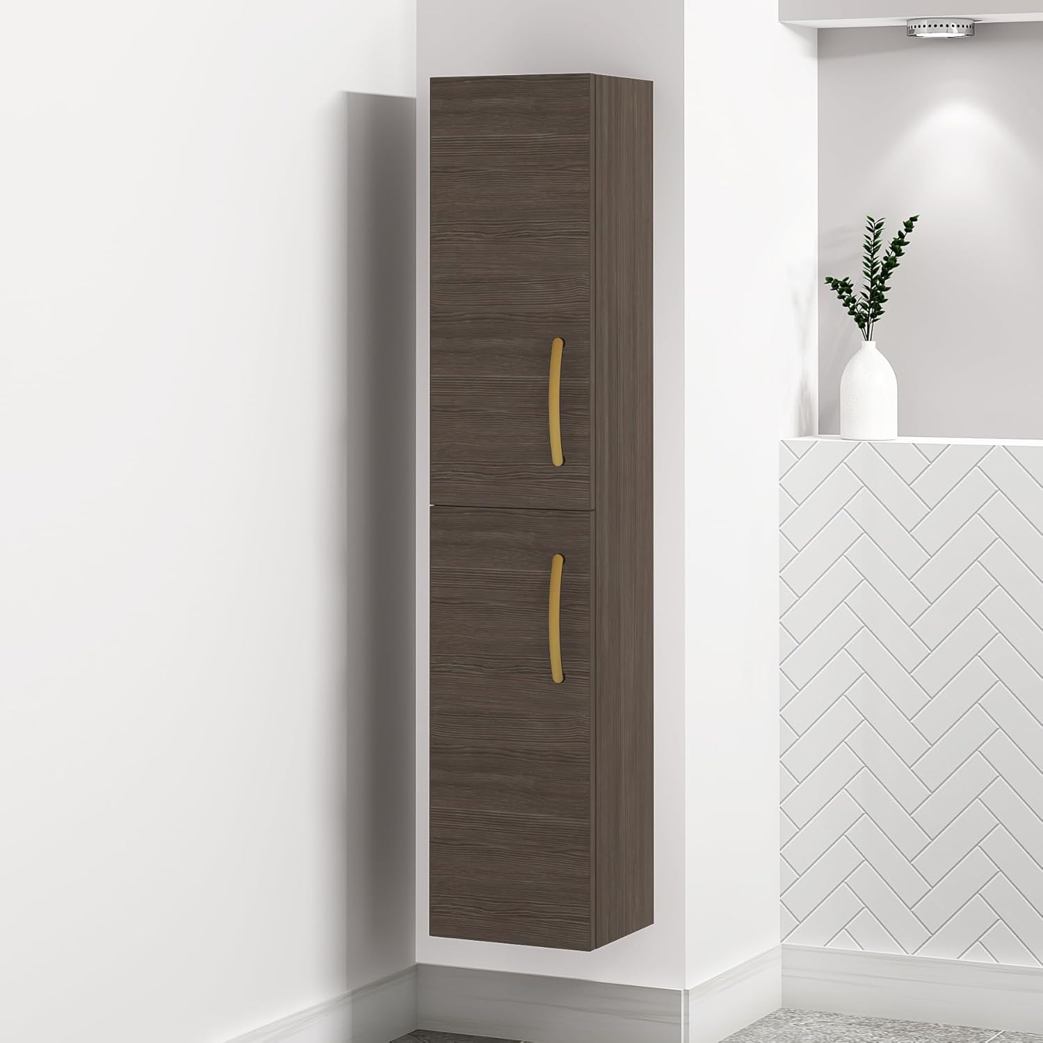 Turin 1450mm Grey Elm 2 Door Wall Hung Tall Boy Bathroom Cabinet Storage Unit Gold Handle.