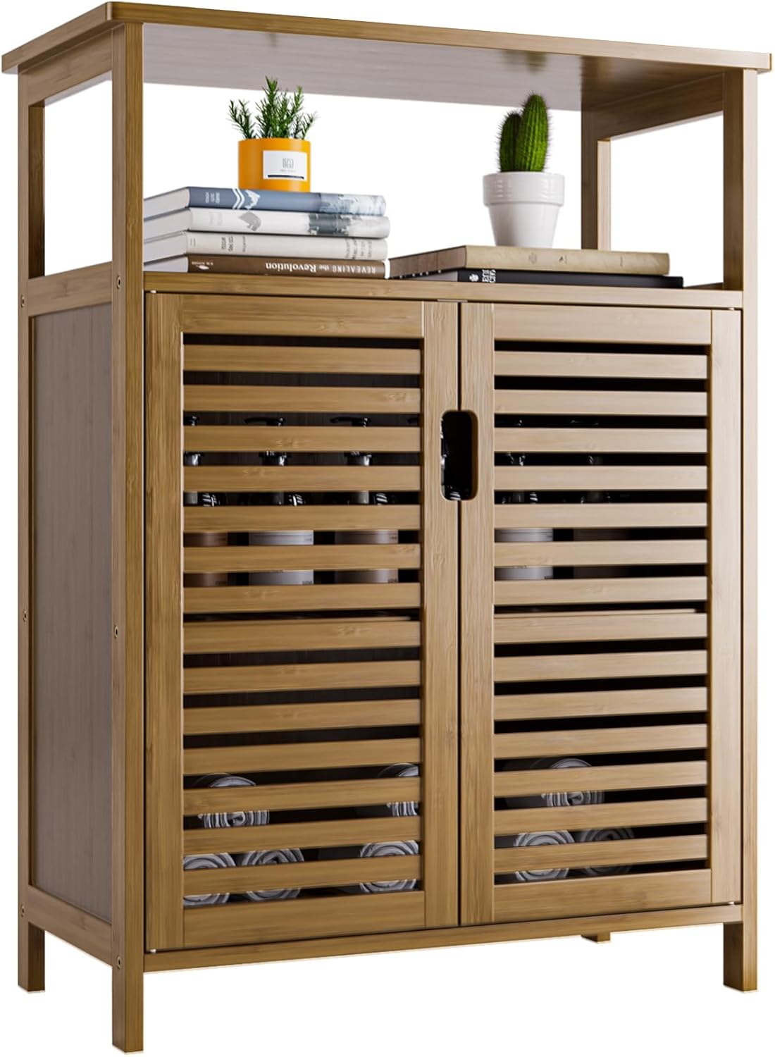 HITNET Bathroom Storage Cabinet, Bamboo Side Storage Organizer with Double Shutter Doors and Shelves, Freestanding Floor Cabinet for Living Room, Kitchen, Entryway, Natural.