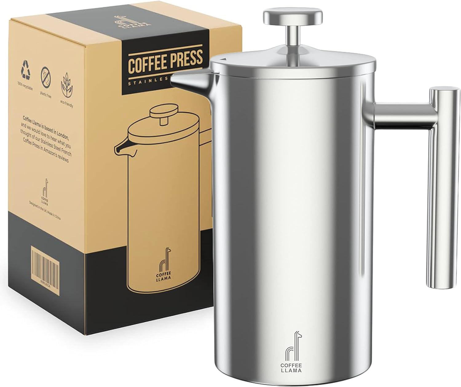 Coffee Llama™ French Press | 1 Litre | 8 Cups Cafetiere Doubled Walled Portable Stainless Steel Coffee Press for Home, Travel & Camping with 3 Extra Filters.