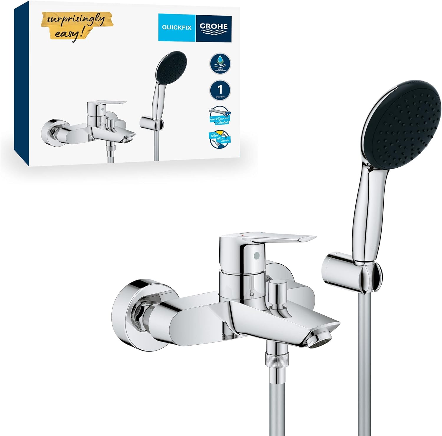 GROHE Start QuickFix – Single Lever Bath Filler Mixer Tap Set (Diverter: Bath/Shower, Round 11cm Hand Shower 1 Spray: Rain, Wall Holder, Shower Hose 1.5m, Water Saving, Wall Mounted), Chrome, 25283002.