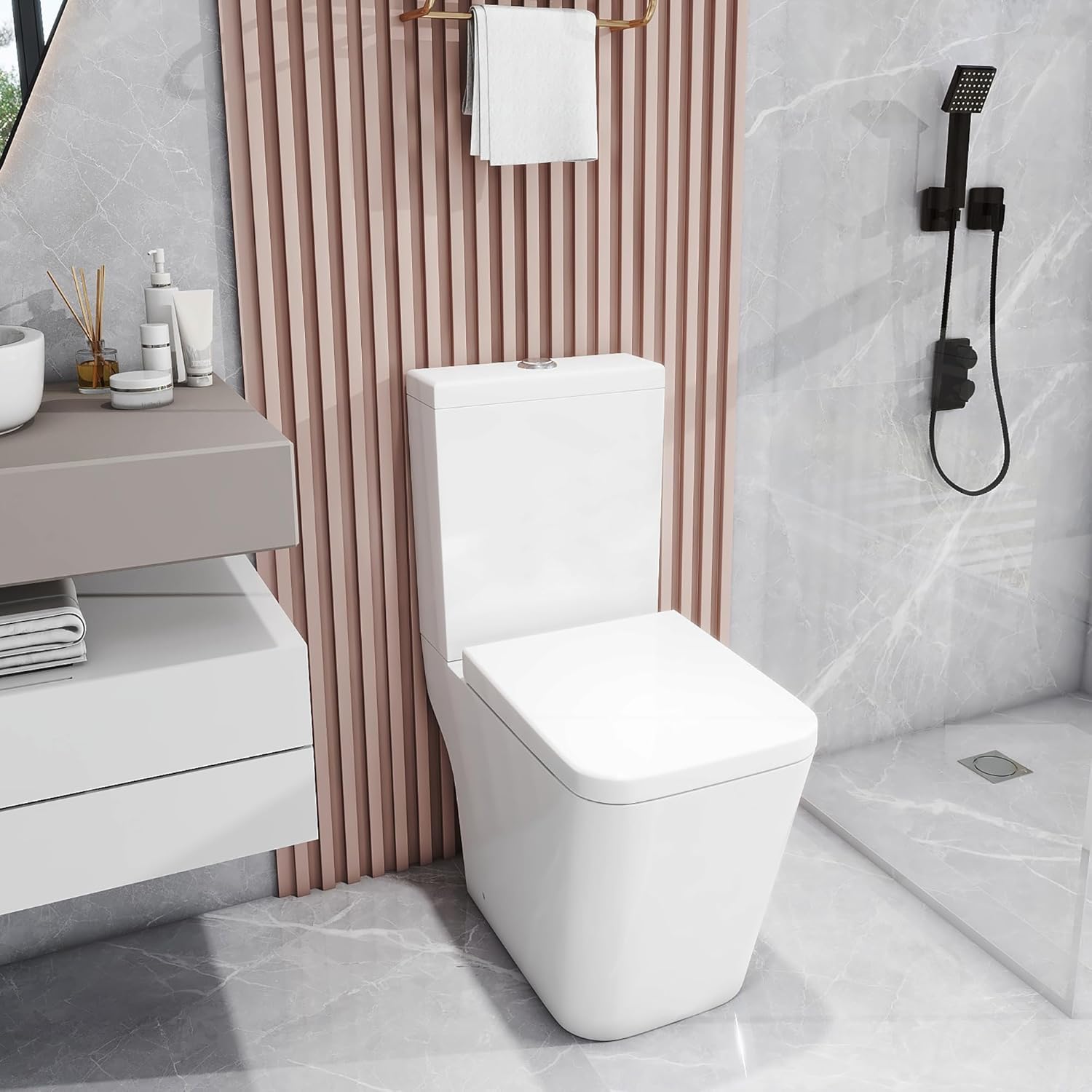 Robanmoa Rimless Close Coupled Toilet WC White Ceramic Open Back Bathroom Toilets Back to Wall & Dual Flush Cistern Soft Close Seat Modern Square Toilet for Cloakroom WC.