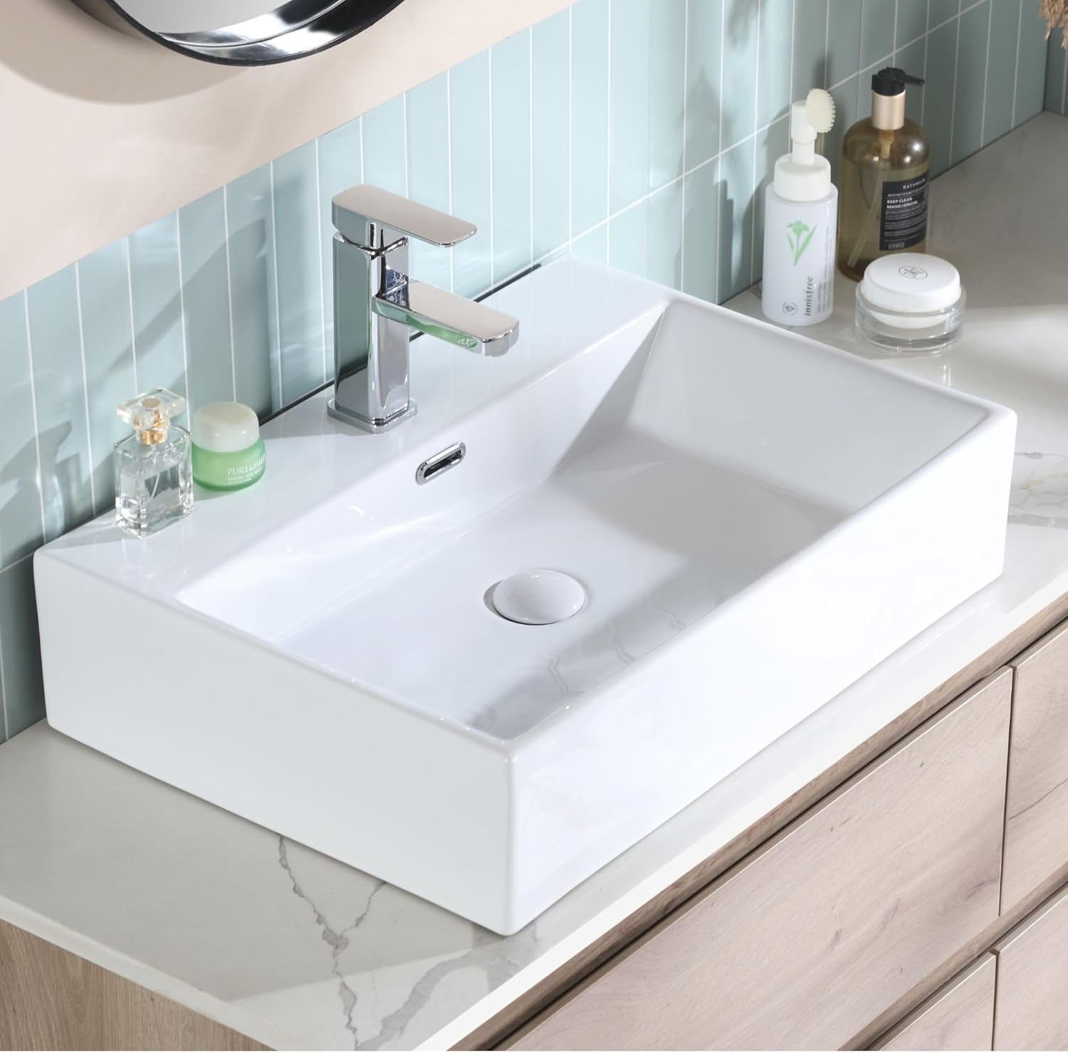 Bathroom Basin Modern Vessel Sink Rectangular Wall Hung or Counter Top Mount Sink with Pop Up Drain, White Ceramic, 600X420X145MM.